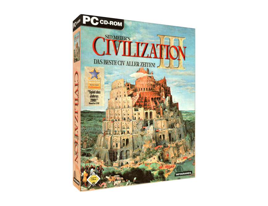 Hi-res 3D box of Sid Meier's Civilization III (2002, PC, DE) available at https://bigboxcollection.com