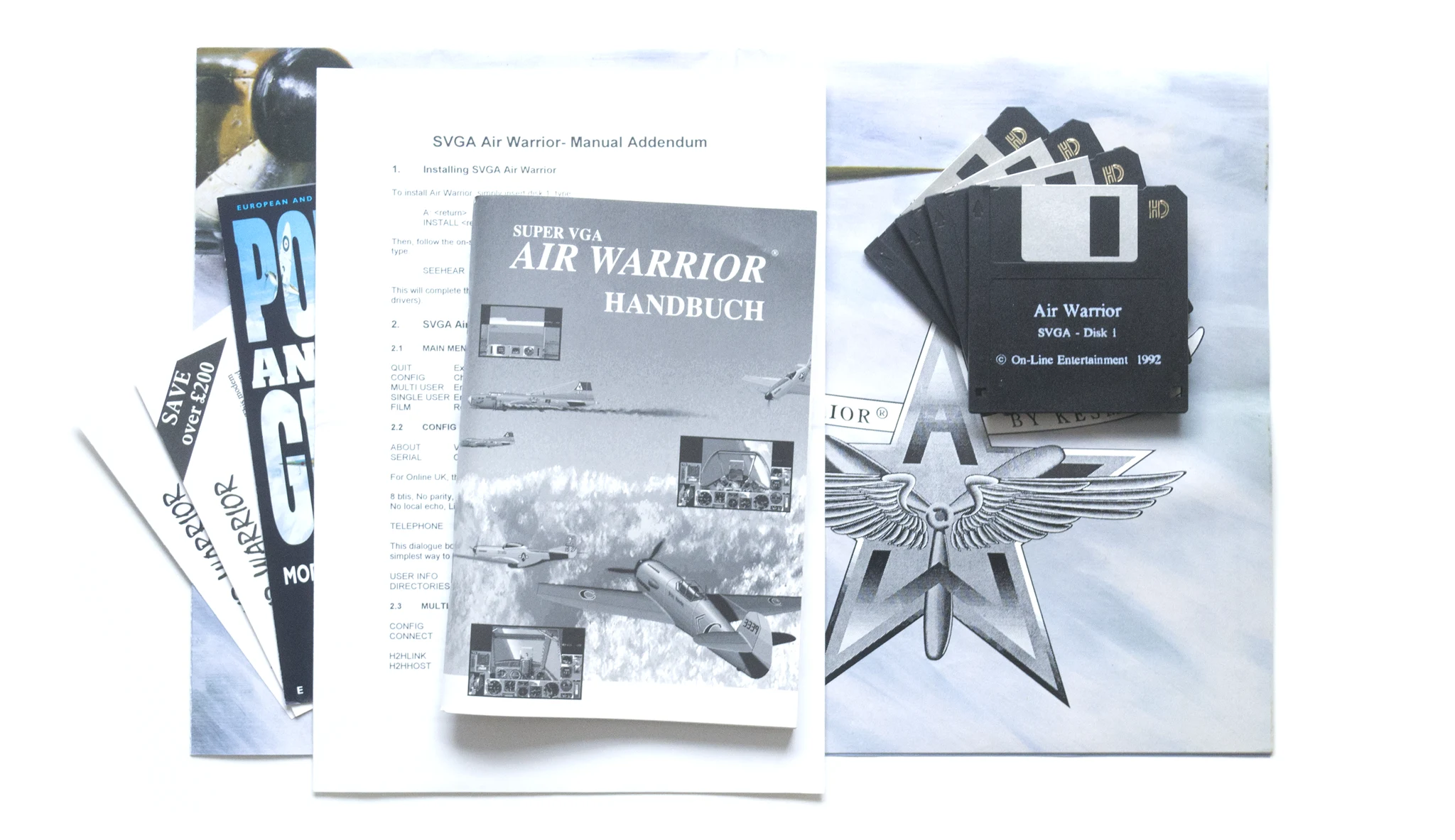 Photo of the content of Air Warrior (1992, PC, DE); developed by Kesmai Corporation, published by On-Line Entertainment Ltd.; Hi-res 3D box available at https://bigboxcollection.com