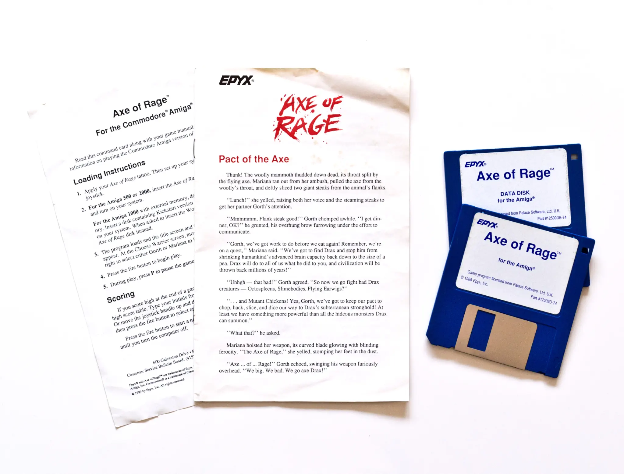 Photo of the content of Axe of Rage (1989, Amiga, US) Photo of the content of Axe of Rage (1989, Amiga, US); developed by Palace Software, Ltd., published by Epyx, Inc.; Hi-res 3D box available at https://bigboxcollection.com