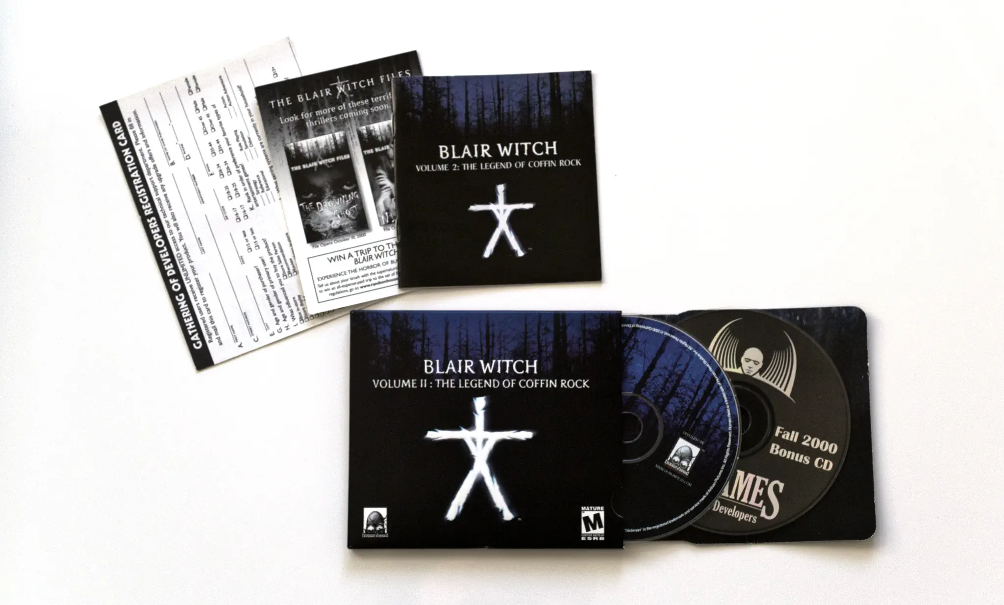 Photo of the content of Blair Witch Volume II: Legend of Coffin Rock (2000, PC, US) Photo of the content of Blair Witch Volume II: Legend of Coffin Rock (2000, PC, US); developed by Human Head Studios, Inc., published by Gathering of Developers, Inc.; Hi-res 3D box available at https://bigboxcollection.com