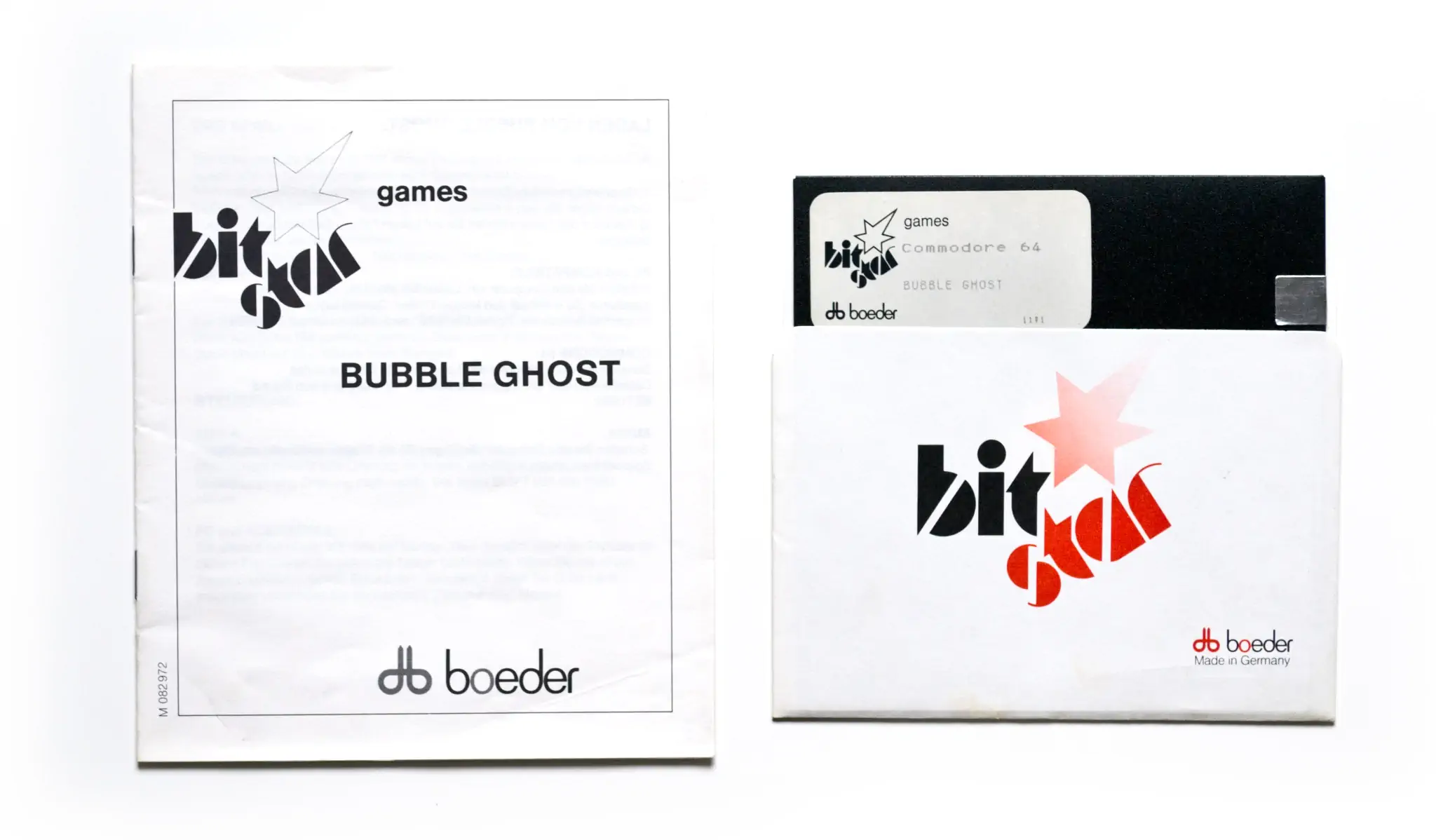 Photo of the content of Bubble Ghost (1988, C64, DE); developed by ERE Informatique, published by boeder AG; Hi-res 3D box available at https://bigboxcollection.com