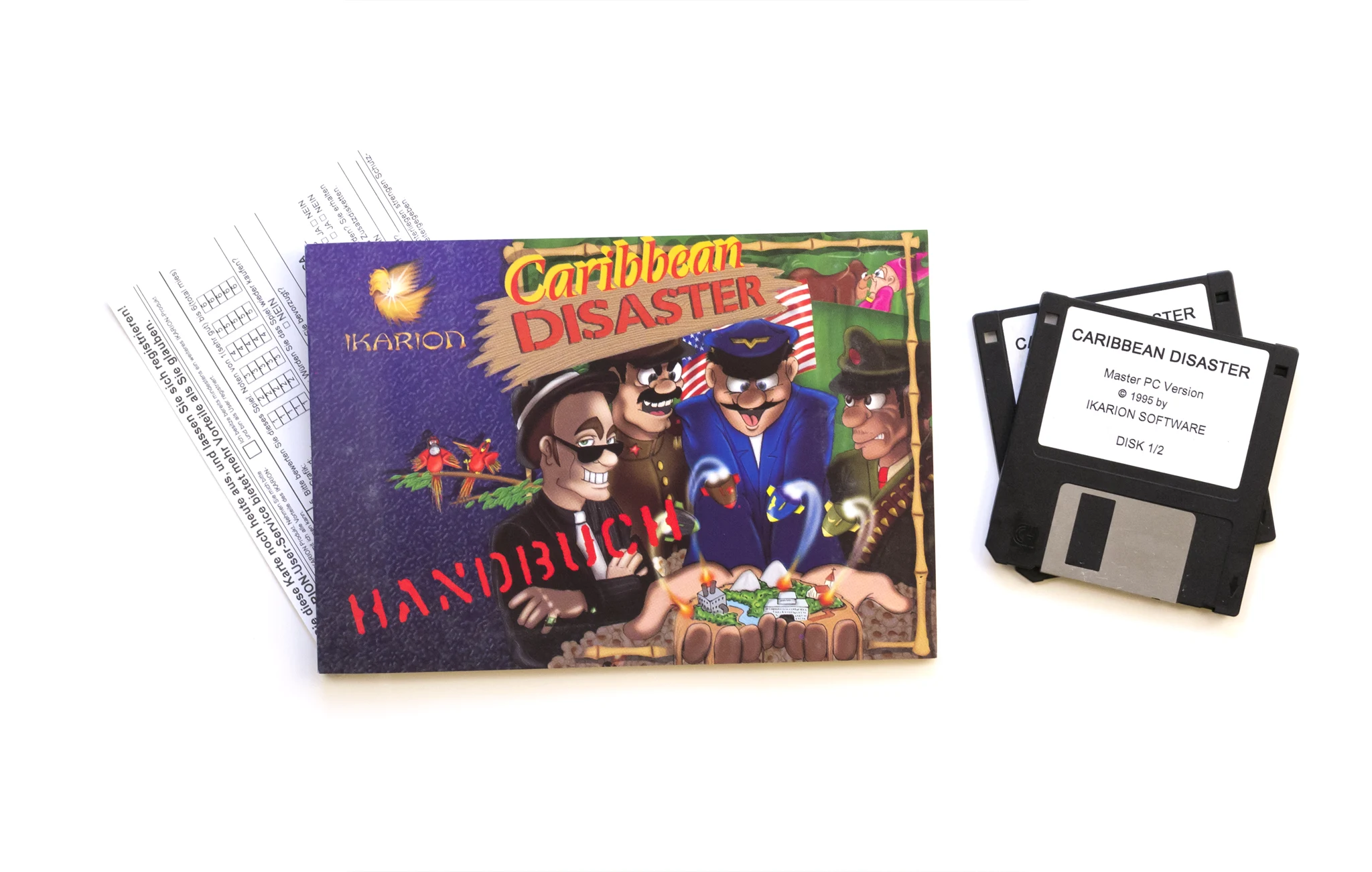 Photo of the content of Caribbean Disaster (1995, PC, DE); developed by Ikarion Software GmbH, published by Ikarion Software GmbH; Hi-res 3D box available at https://bigboxcollection.com