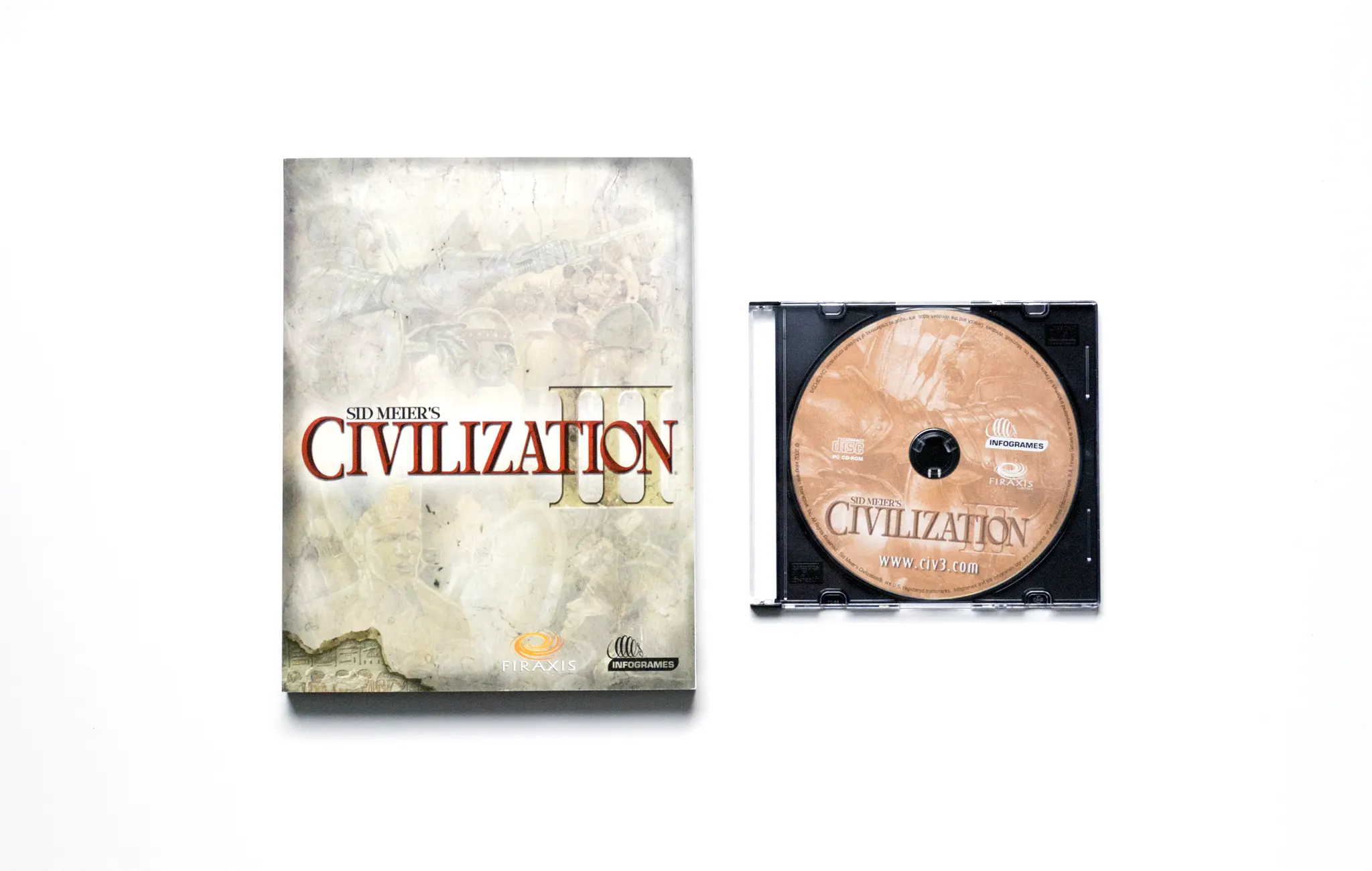 Photo of the content of Sid Meier's Civilization III (2002, PC, DE) Photo of the content of Sid Meier's Civilization III (2002, PC, DE); developed by Firaxis Games East, Inc., published by Infogrames Interactive, Inc.; Hi-res 3D box available at https://bigboxcollection.com