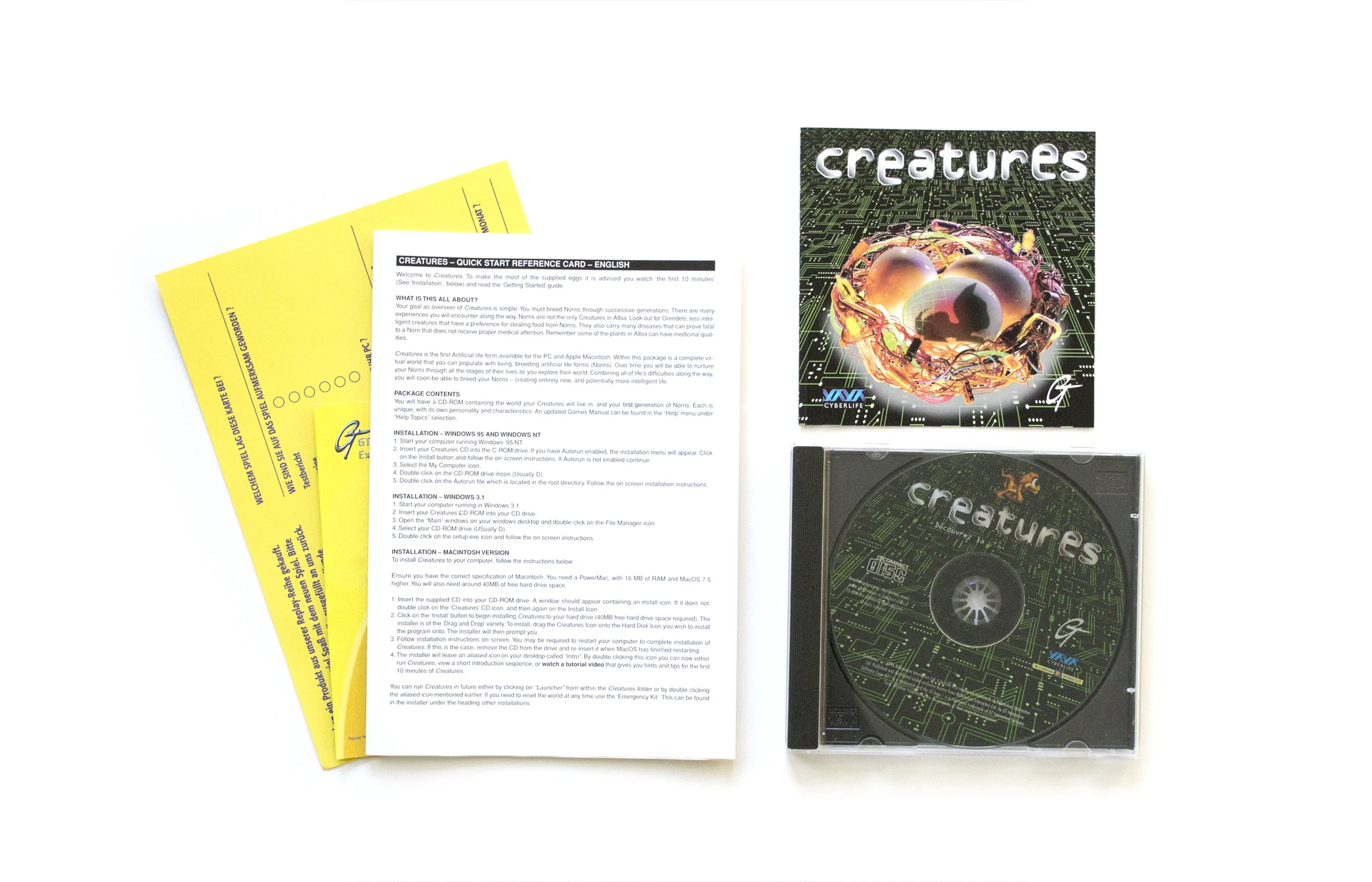 Photo of the content of Creatures (1996, PC, DE) Photo of the content of Creatures (1996, PC, DE); developed by Cyberlife Technology, Ltd., published by Warner Interactive Entertainment Ltd.; Hi-res 3D box available at https://bigboxcollection.com