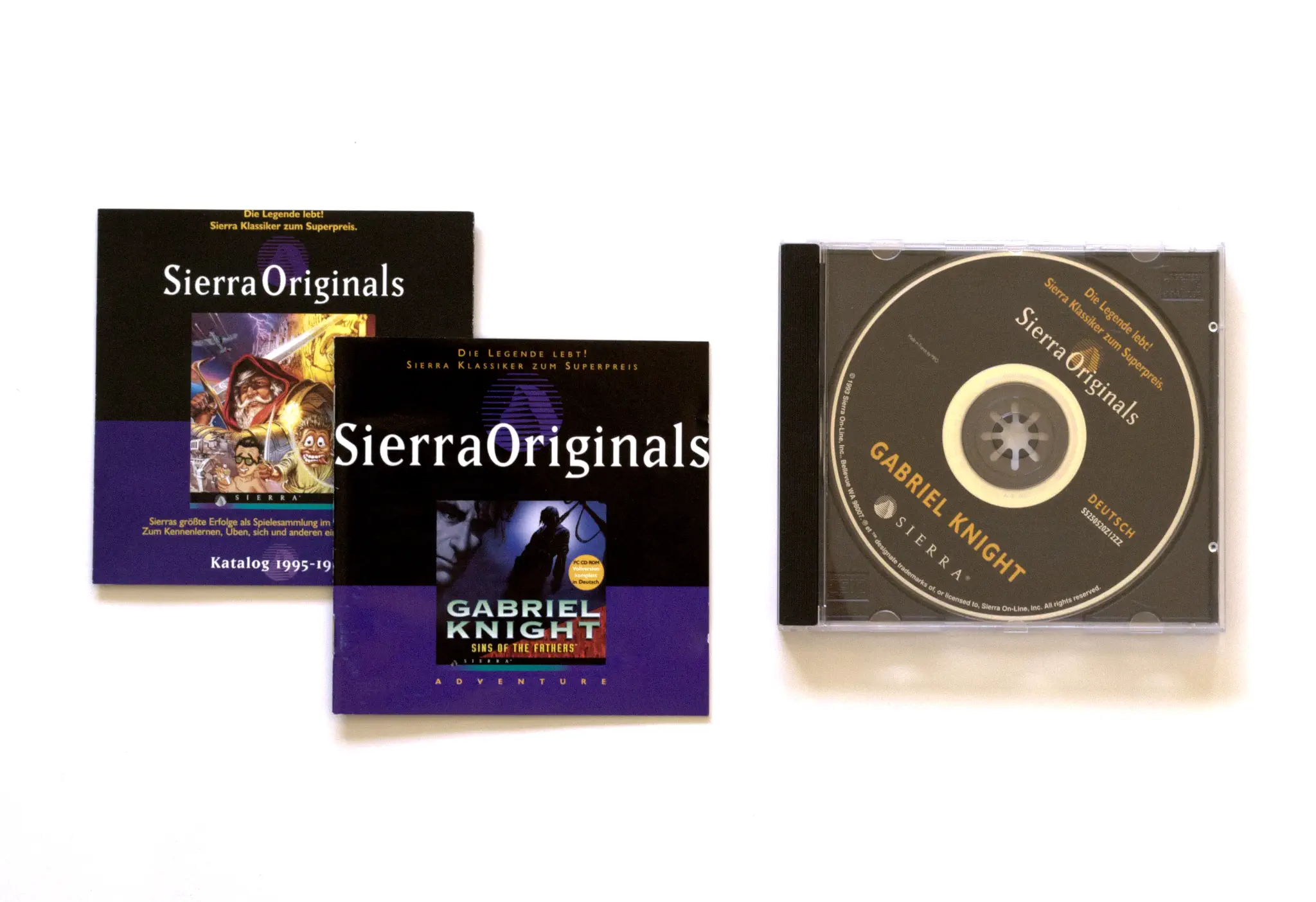 Photo of the content of Gabriel Knight: Sins of the Fathers (1993, PC, DE, Sierra Originals Release) Photo of the content of Gabriel Knight: Sins of the Fathers (1993, PC, DE, Sierra Originals Release); developed by Sierra On-Line, Inc., published by Sierra On-Line, Inc.; Hi-res 3D box available at https://bigboxcollection.com
