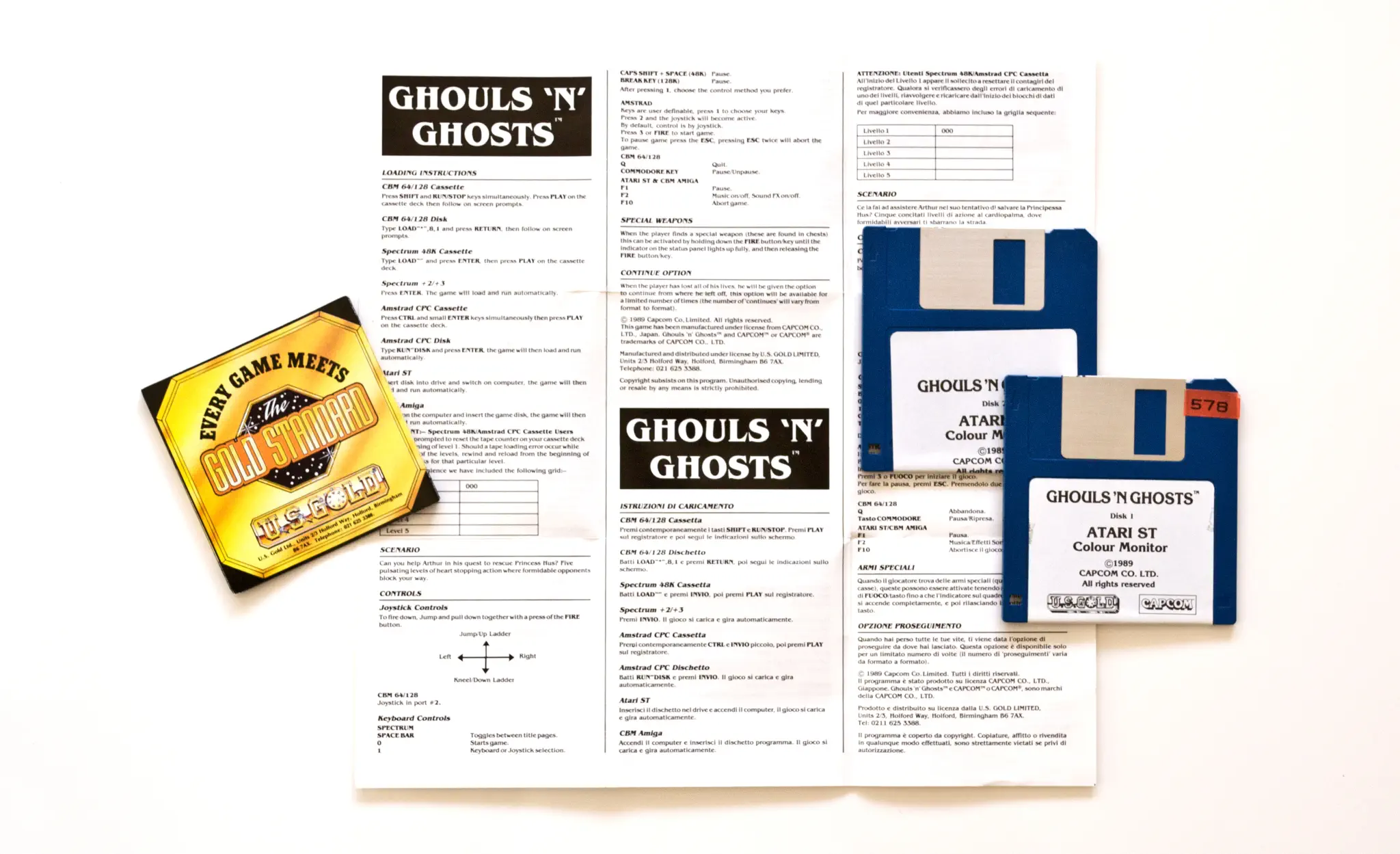 Photo of the content of Ghouls'n'Ghosts (1989, Atari ST, EU) Photo of the content of Ghouls'n'Ghosts (1989, Atari ST, EU); developed by Capcom Co., Ltd., published by U.S. Gold Ltd.; Hi-res 3D box available at https://bigboxcollection.com