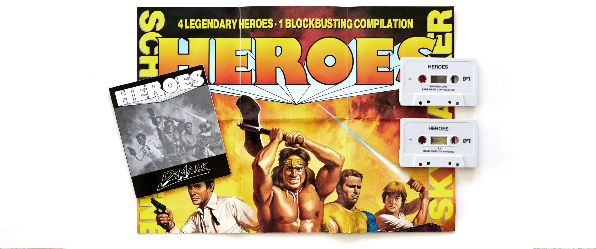 Photo of the content of Heroes (1990, C64, EU, Compilation) Photo of the content of Heroes (1990, C64, EU, Compilation); developed by Various, published by Domark Limited; Hi-res 3D box available at https://bigboxcollection.com
