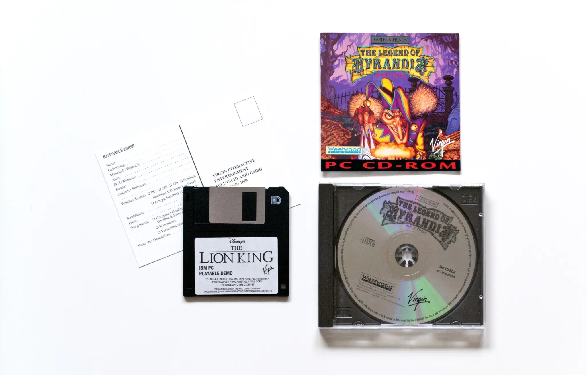 Photo of the content of The Legend of Kyrandia: Book 3 - Malcolm's Revenge (1994, PC, DE); developed by Westwood Studios, Inc., published by Virgin Interactive Entertainment (Europe) Ltd.; Hi-res 3D box available at https://bigboxcollection.com