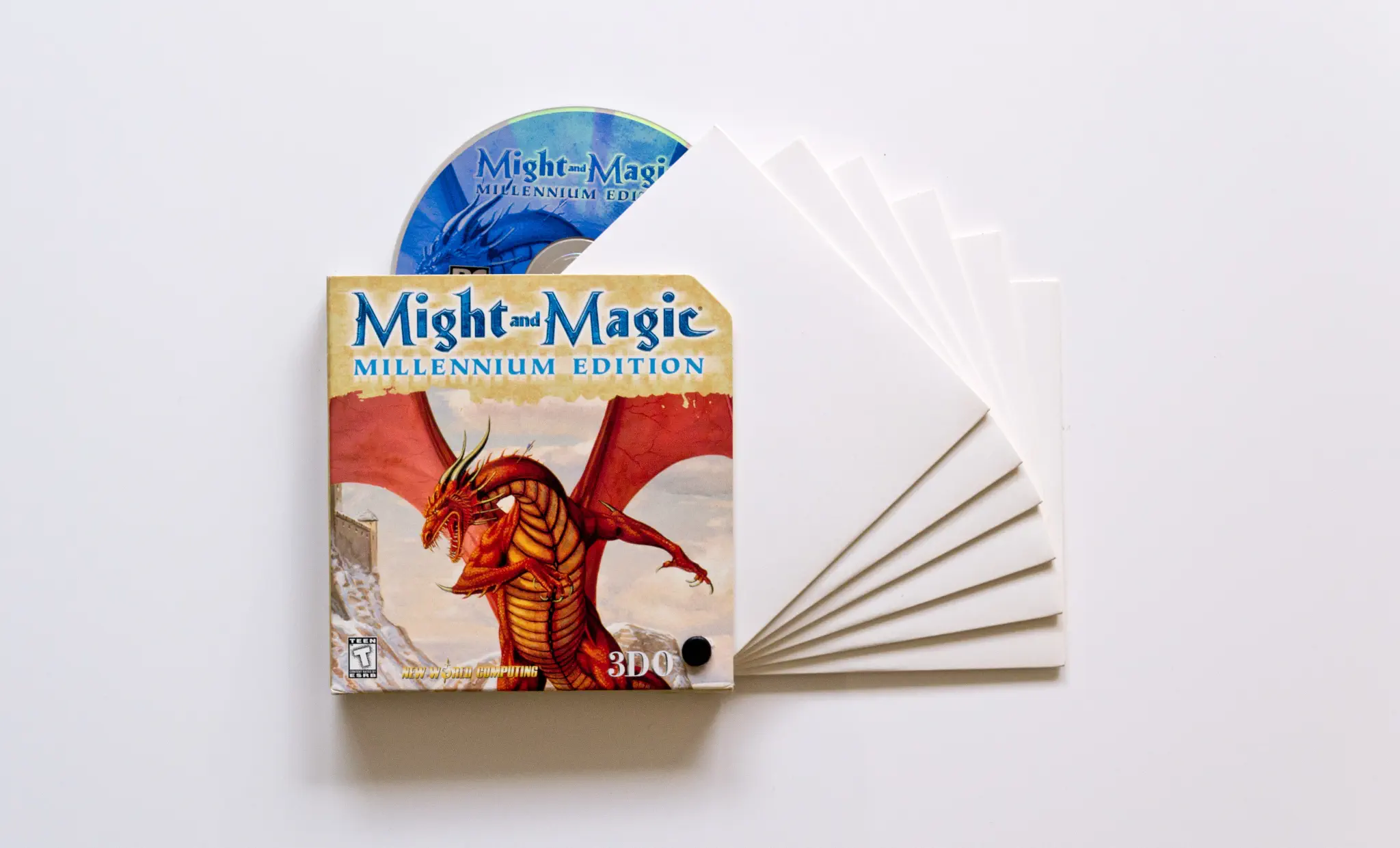 Photo of the content of Might and Magic: Millennium Edition (1999, PC, US) Photo of the content of Might and Magic: Millennium Edition (1999, PC, US); developed by New World Computing Inc., published by The 3DO Company; Hi-res 3D box available at https://bigboxcollection.com