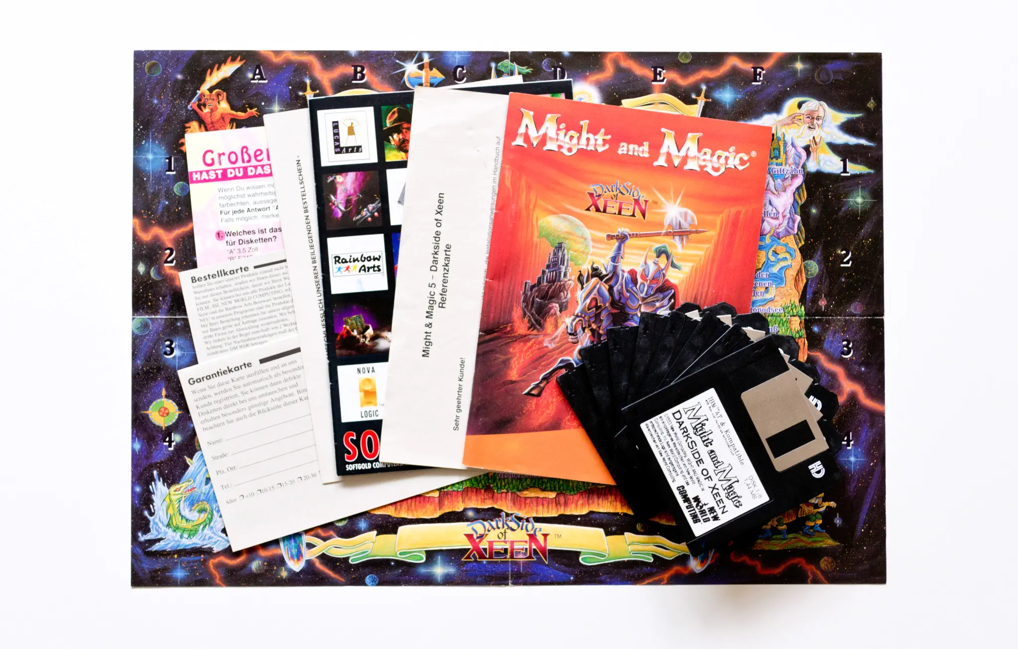 Photo of the content of Might and Magic V: Dark Side of Xeen (1993, PC, DE); developed by New World Computing Inc., published by Softgold Computerspiele GmbH; Hi-res 3D box available at https://bigboxcollection.com