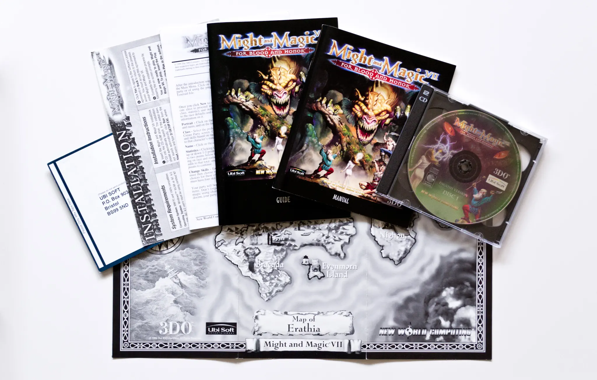 Photo of the content of Might and Magic VII: For Blood and Honor (1999, PC, EU) Photo of the content of Might and Magic VII: For Blood and Honor (1999, PC, EU); developed by New World Computing Inc., published by Ubi Soft Entertainment Software; Hi-res 3D box available at https://bigboxcollection.com
