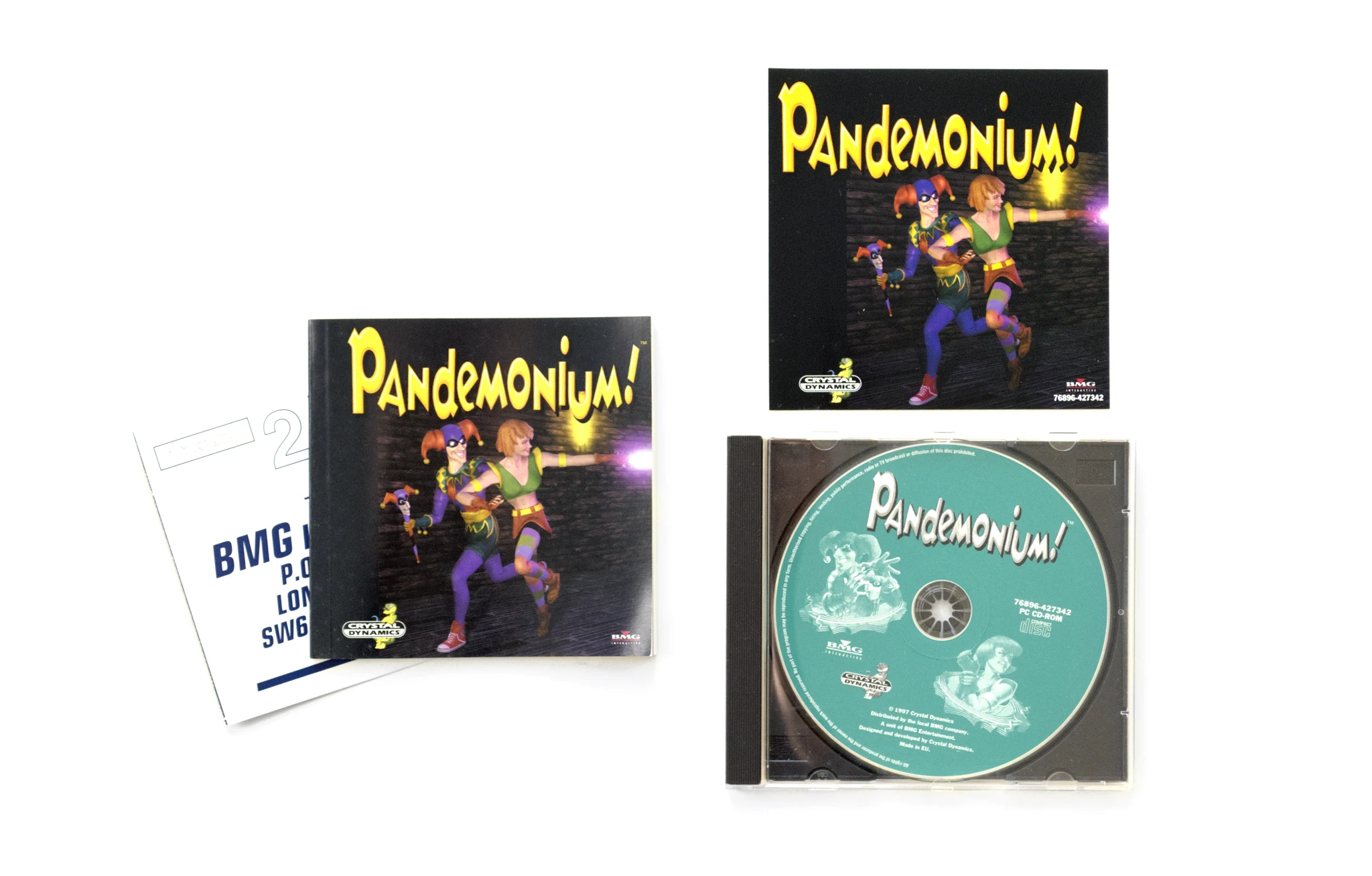 Photo of the content of Pandemonium (1997, PC, EU); developed by Toys for Bob Inc., published by Crystal Dynamics, Inc.; Hi-res 3D box available at https://bigboxcollection.com