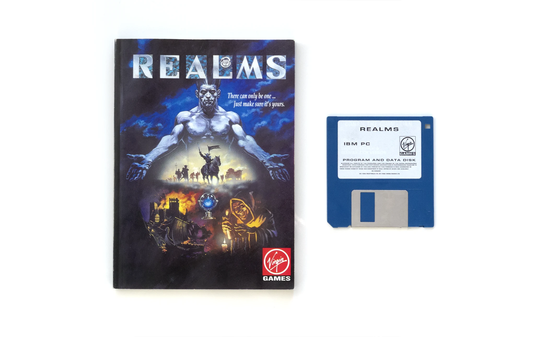 Photo of the content of Realms (1992, PC, EU); developed by Graftgold Ltd., published by Virgin Games, Inc.; Hi-res 3D box available at https://bigboxcollection.com