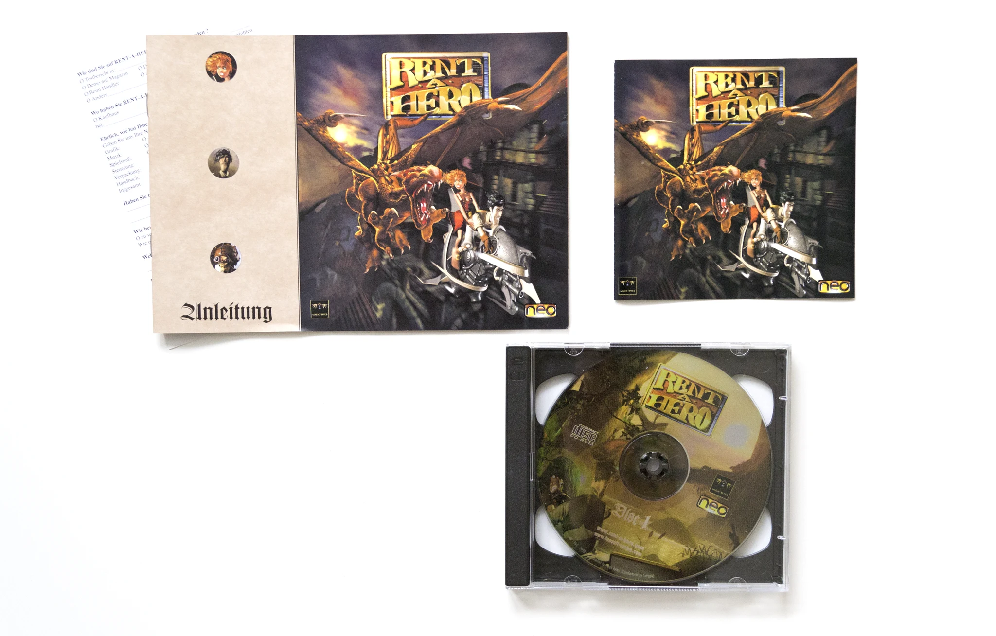 Photo of the content of Rent a Hero (1998, PC, DE) Photo of the content of Rent a Hero (1998, PC, DE); developed by neo Software Produktions GmbH, published by Magic Bytes; Hi-res 3D box available at https://bigboxcollection.com