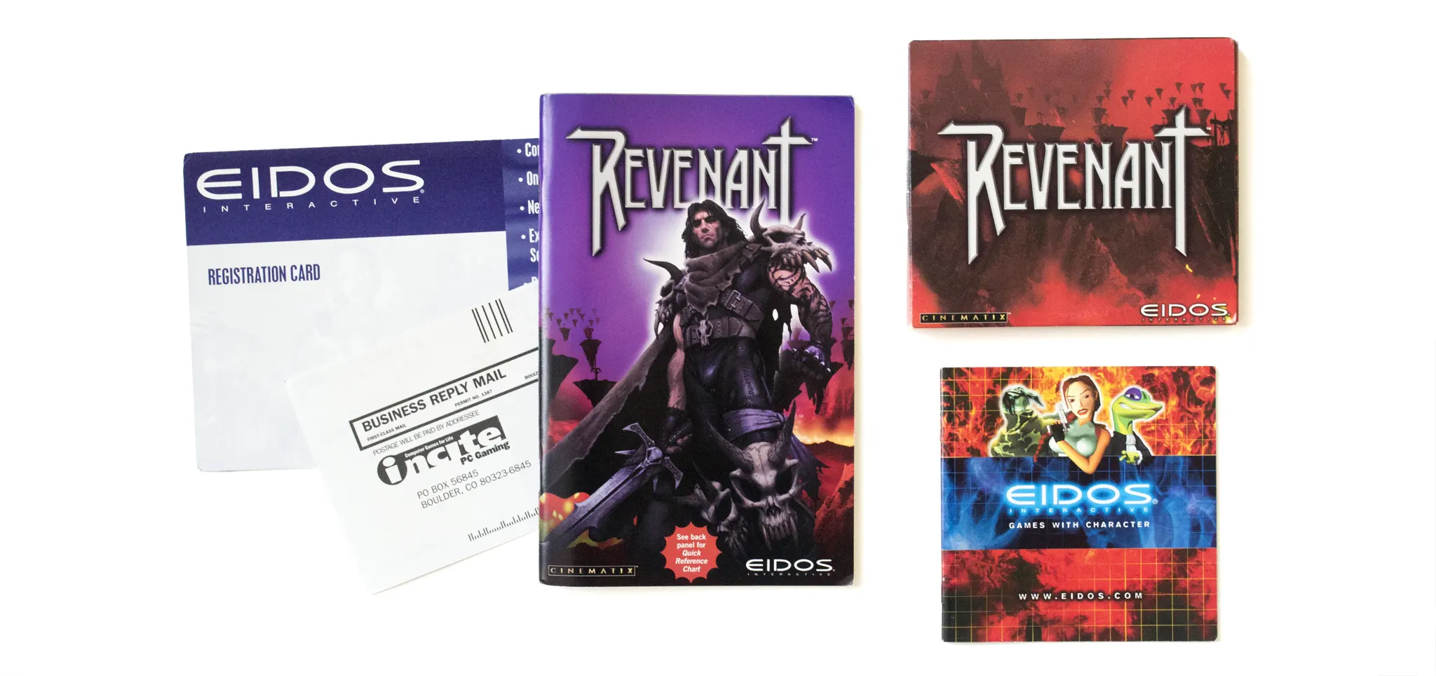 Photo of the content of Revenant (1999, PC, US); developed by Cinematix Studios, Inc., published by Eidos Interactive Limited; Hi-res 3D box available at https://bigboxcollection.com