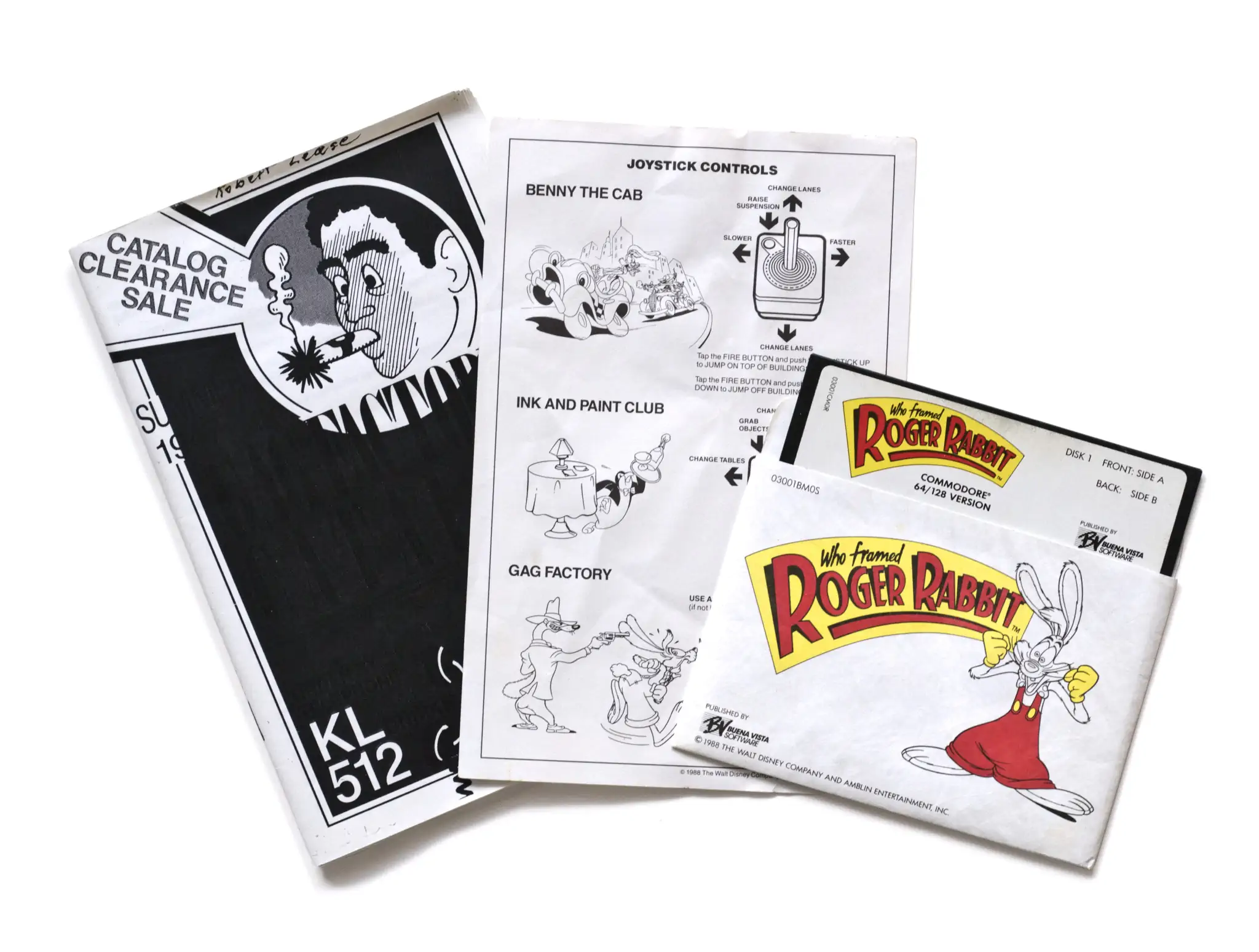 Photo of the content of Who Framed Roger Rabbit (1988, C64, US) Photo of the content of Who Framed Roger Rabbit (1988, C64, US); developed by Silent Software Incorporated, published by Buena Vista Software; Hi-res 3D box available at https://bigboxcollection.com