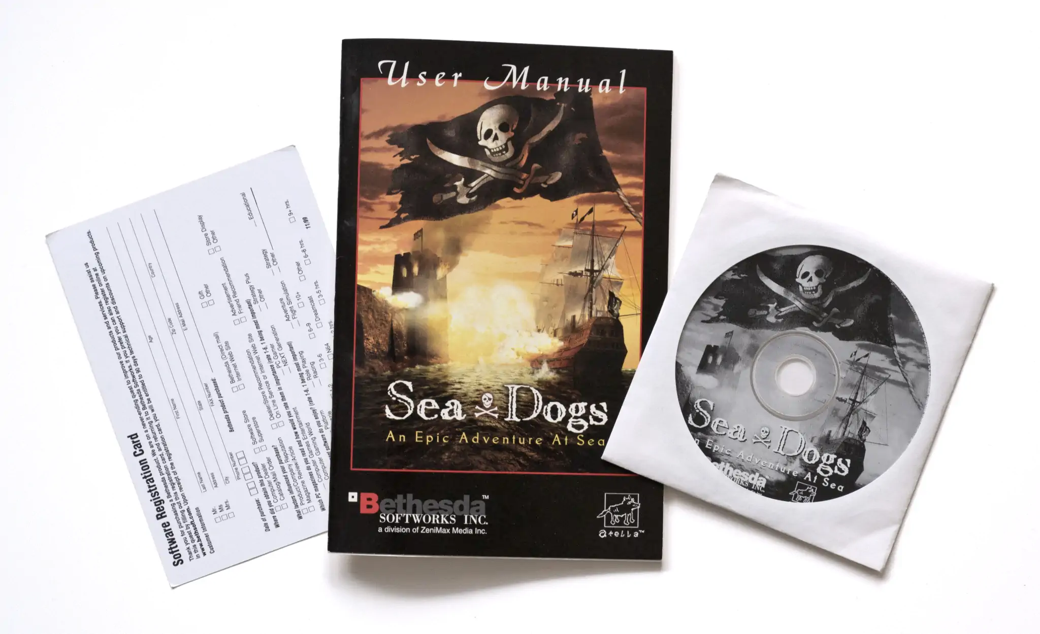 Photo of the content of Sea Dogs (2000, PC, US) Photo of the content of Sea Dogs (2000, PC, US); developed by Akella, published by Bethesda Softworks LLC; Hi-res 3D box available at https://bigboxcollection.com