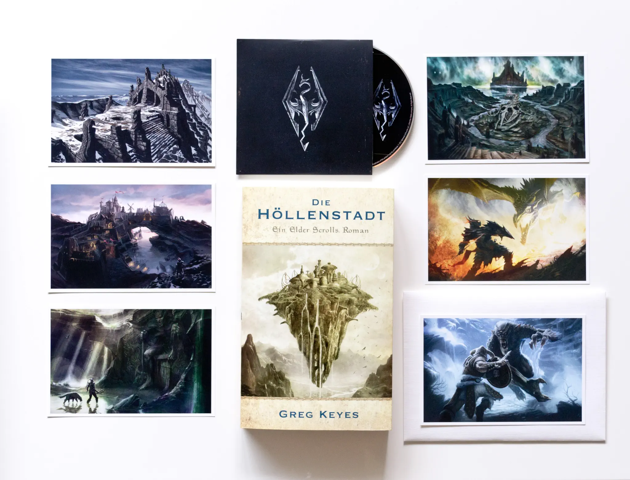 Photo of the content of The Elder Scrolls V: Skyrim (2012, PC, AT, Premium Edition; PEGI Version without plastic cover); developed by Bethesda Game Studios, published by Bethesda Softworks LLC; Hi-res 3D box available at https://bigboxcollection.com