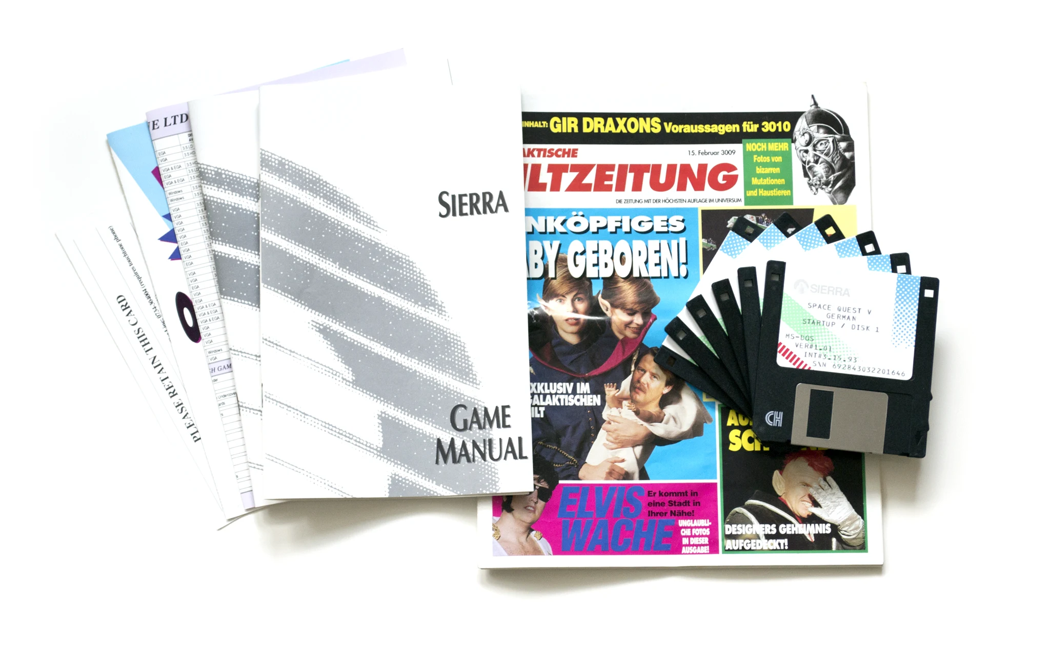 Photo of the content of Space Quest V: The Next Mutation (1993, PC, DE/FR) Photo of the content of Space Quest V: The Next Mutation (1993, PC, DE/FR); developed by Dynamix, Inc., published by Sierra On-Line, Inc.; Hi-res 3D box available at https://bigboxcollection.com