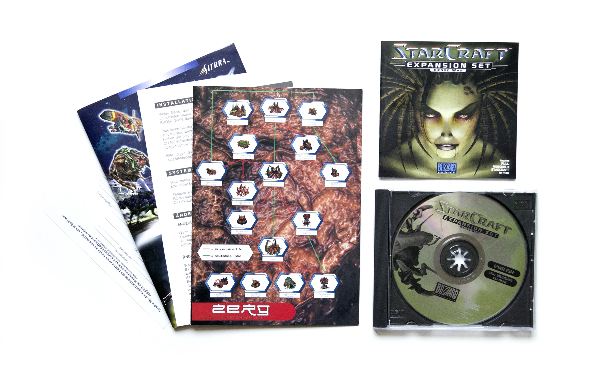 Photo of the content of StarCraft: Brood War (1999, PC, DE); developed by Blizzard Entertainment Inc.; Saffire, Inc, published by Blizzard Entertainment Inc.; Hi-res 3D box available at https://bigboxcollection.com