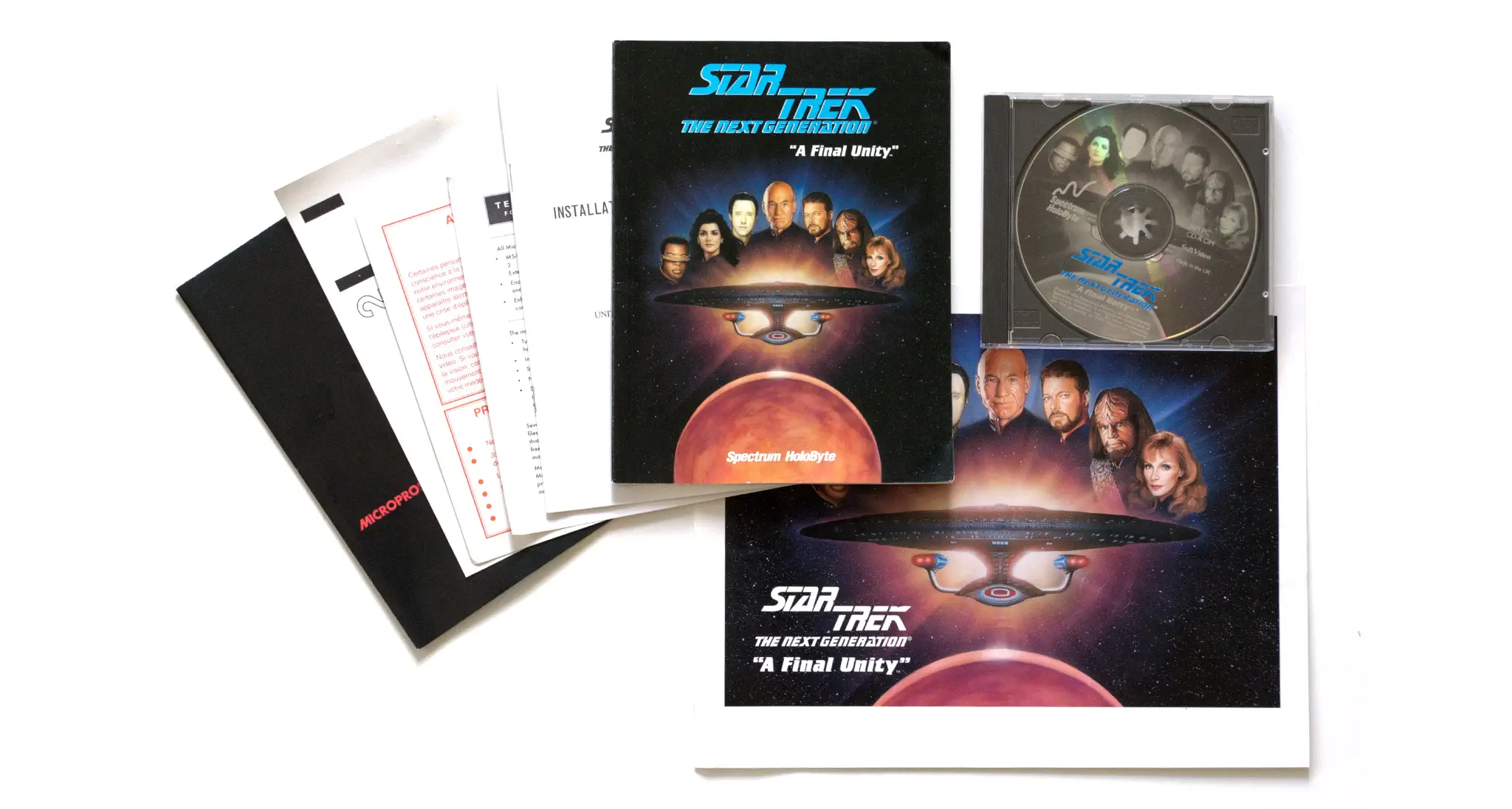 Photo of the content of Star Trek: The Next Generation - A Final Unity (1995, PC, US, Collector's Edition); developed by Spectrum Holobyte, Inc., published by Spectrum Holobyte, Inc.; Hi-res 3D box available at https://bigboxcollection.com