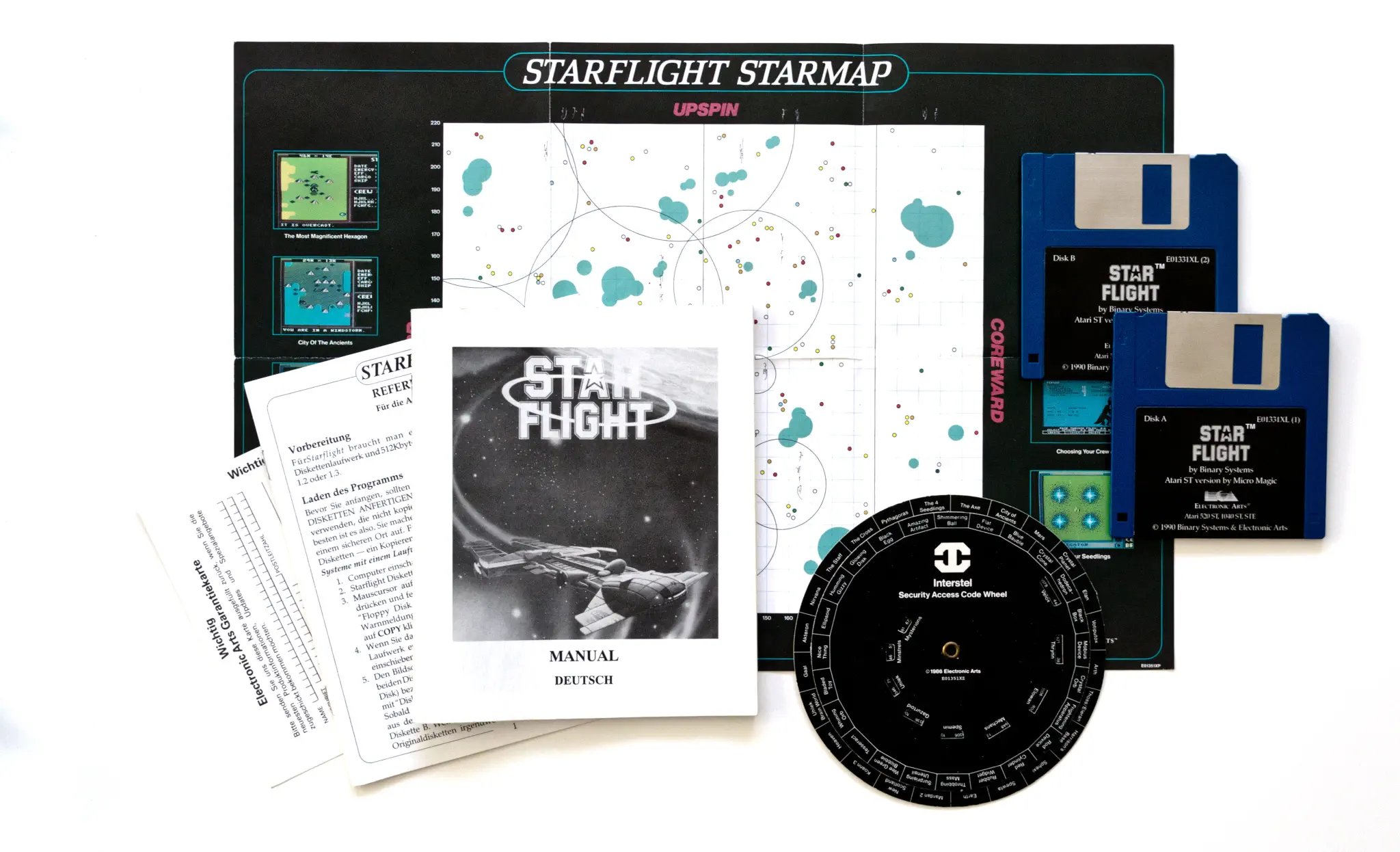 Photo of the content of Starflight (1990, Atari ST, EU) Photo of the content of Starflight (1990, Atari ST, EU); developed by Binary Systems, published by Electronic Arts, Inc.; Hi-res 3D box available at https://bigboxcollection.com