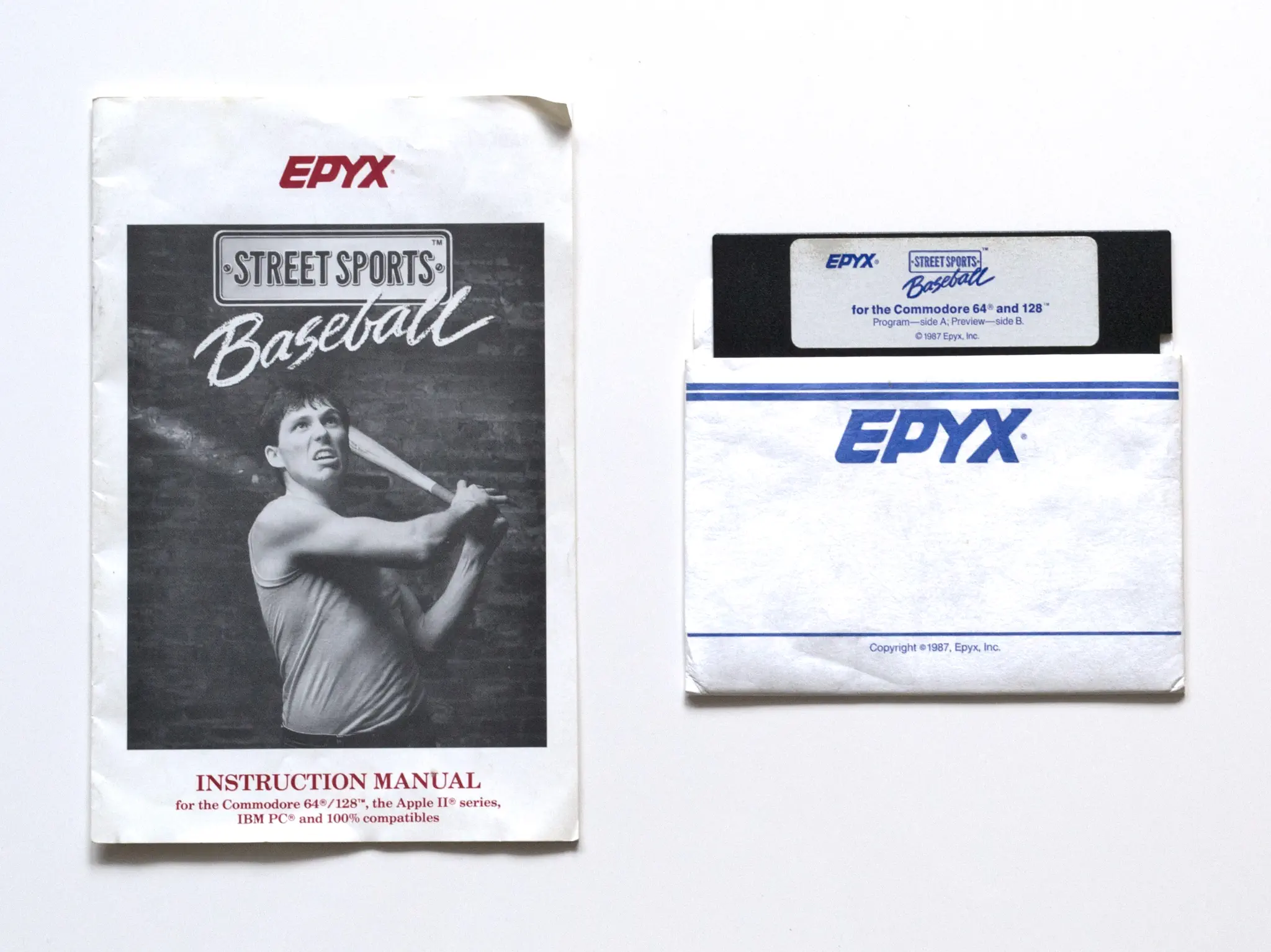 Photo of the content of Street Sports Baseball (1987, C64, US); developed by Epyx, Inc., published by Epyx, Inc.; Hi-res 3D box available at https://bigboxcollection.com
