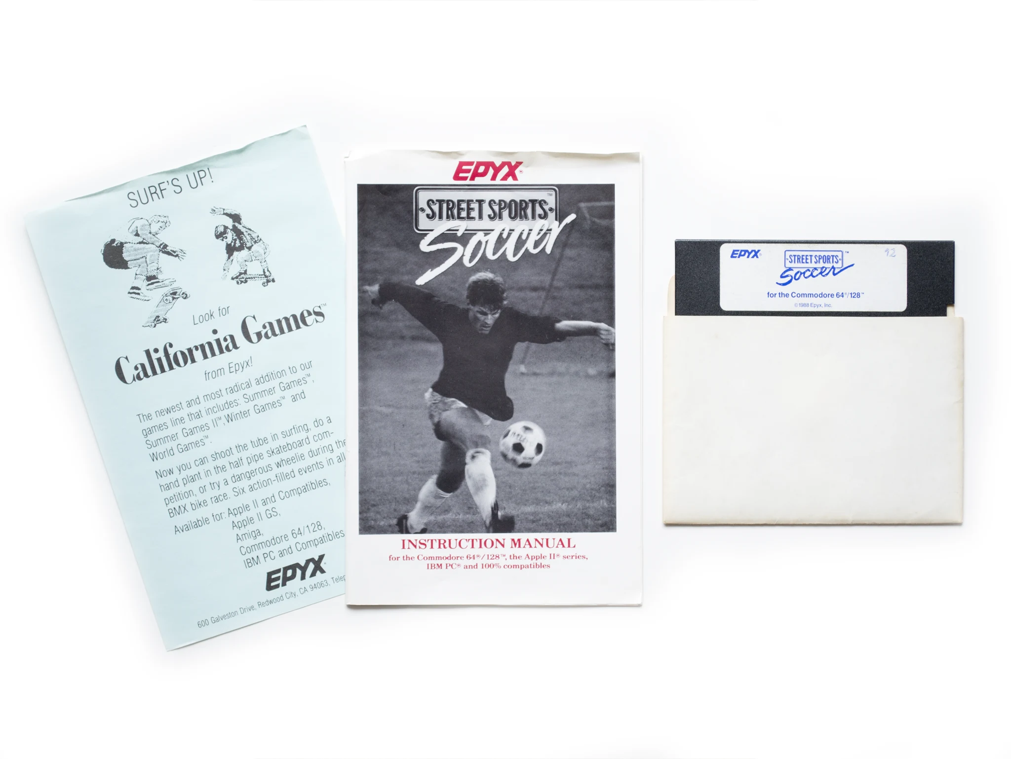 Photo of the content of Street Sports Soccer (1988, C64, US) Photo of the content of Street Sports Soccer (1988, C64, US); developed by Epyx, Inc., published by Epyx, Inc.; Hi-res 3D box available at https://bigboxcollection.com