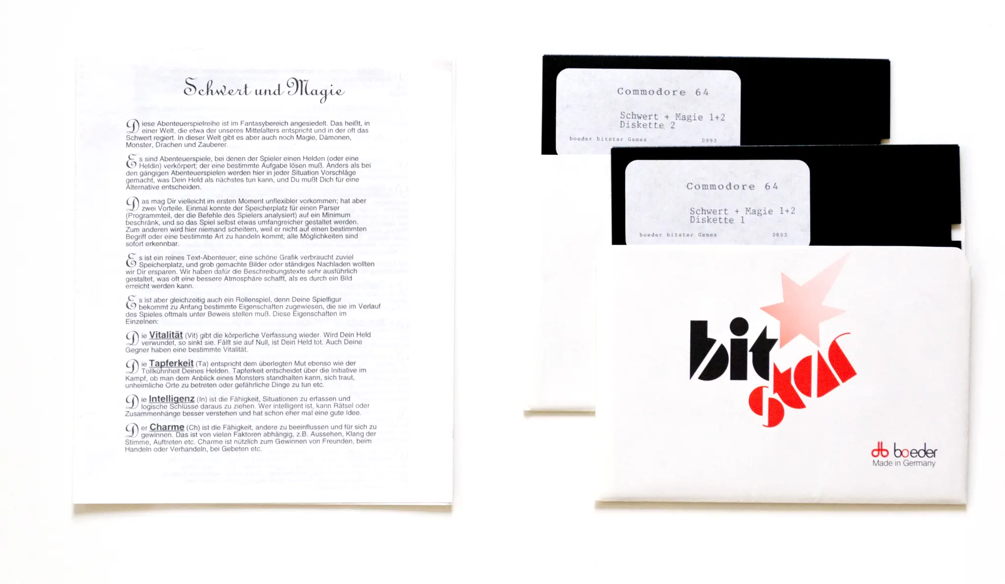 Photo of the content of Schwert und Magie I & II (1989, C64, DE) Photo of the content of Schwert und Magie I & II (1989, C64, DE); developed by German Design Group, published by boeder AG; Hi-res 3D box available at https://bigboxcollection.com