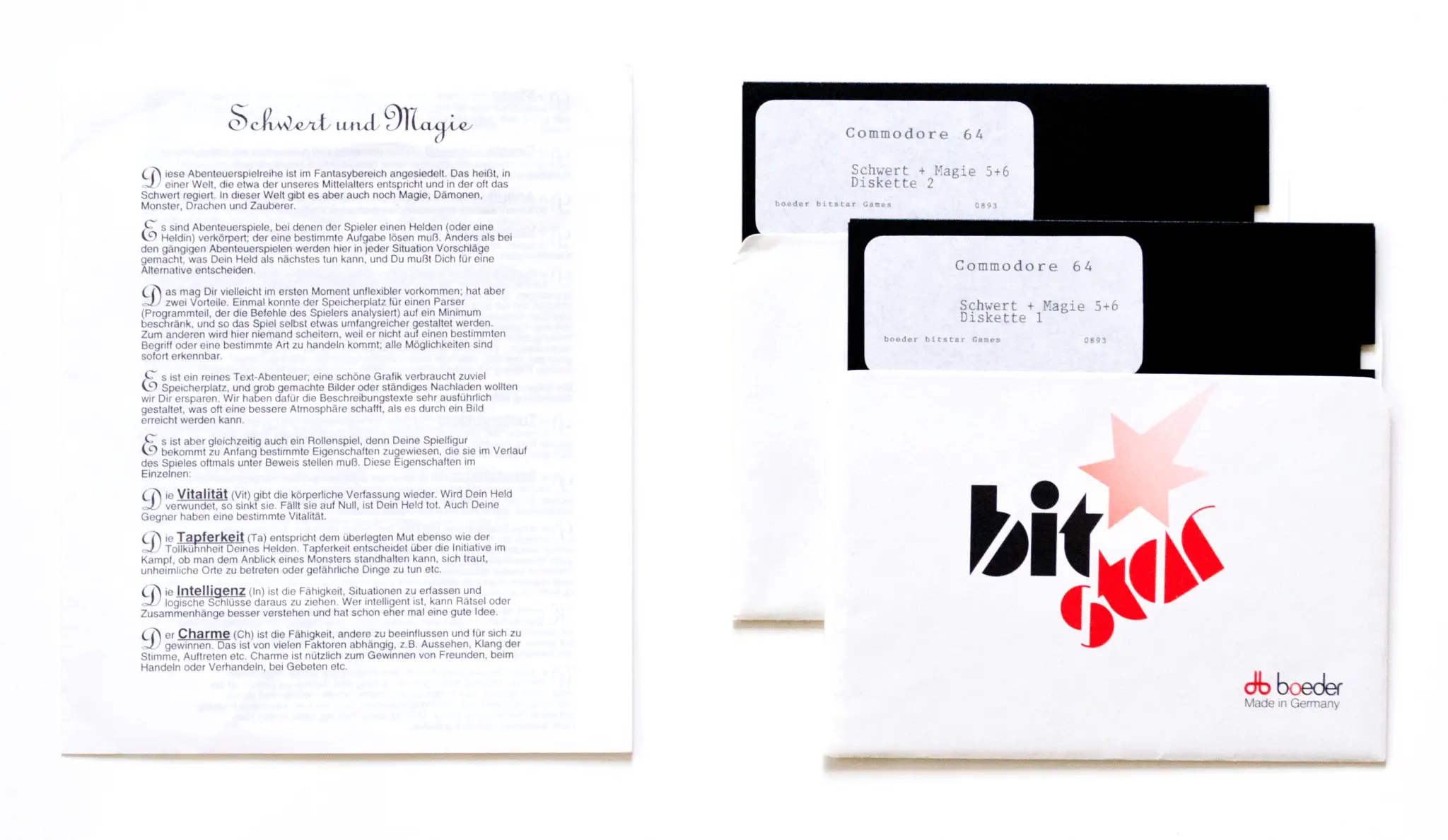 Photo of the content of Schwert und Magie V & VI (1991, C64, DE) Photo of the content of Schwert und Magie V & VI (1991, C64, DE); developed by German Design Group, published by boeder AG; Hi-res 3D box available at https://bigboxcollection.com