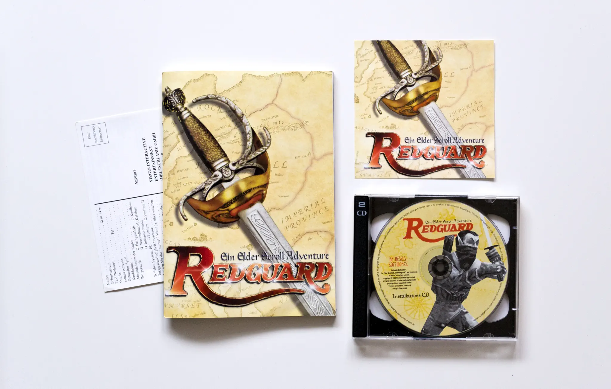 Photo of the content of The Elder Scrolls Adventures: Redguard (1998, PC, DE); developed by Bethesda Softworks LLC, published by Virgin Interactive Entertainment (Deutschland) GmbH; Hi-res 3D box available at https://bigboxcollection.com