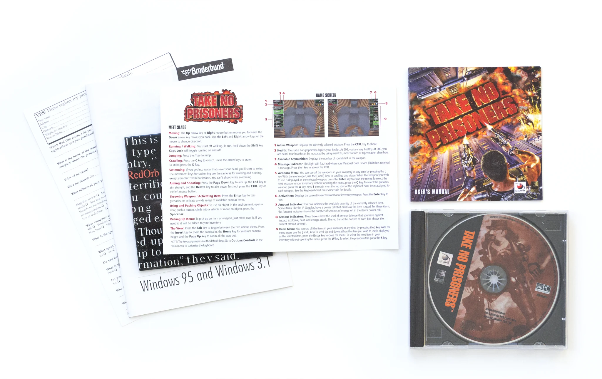 Photo of the content of Take no Prisoners (1997, PC, UK) Photo of the content of Take no Prisoners (1997, PC, UK); developed by Raven Software Corporation, published by Red Orb Entertainment; Hi-res 3D box available at https://bigboxcollection.com