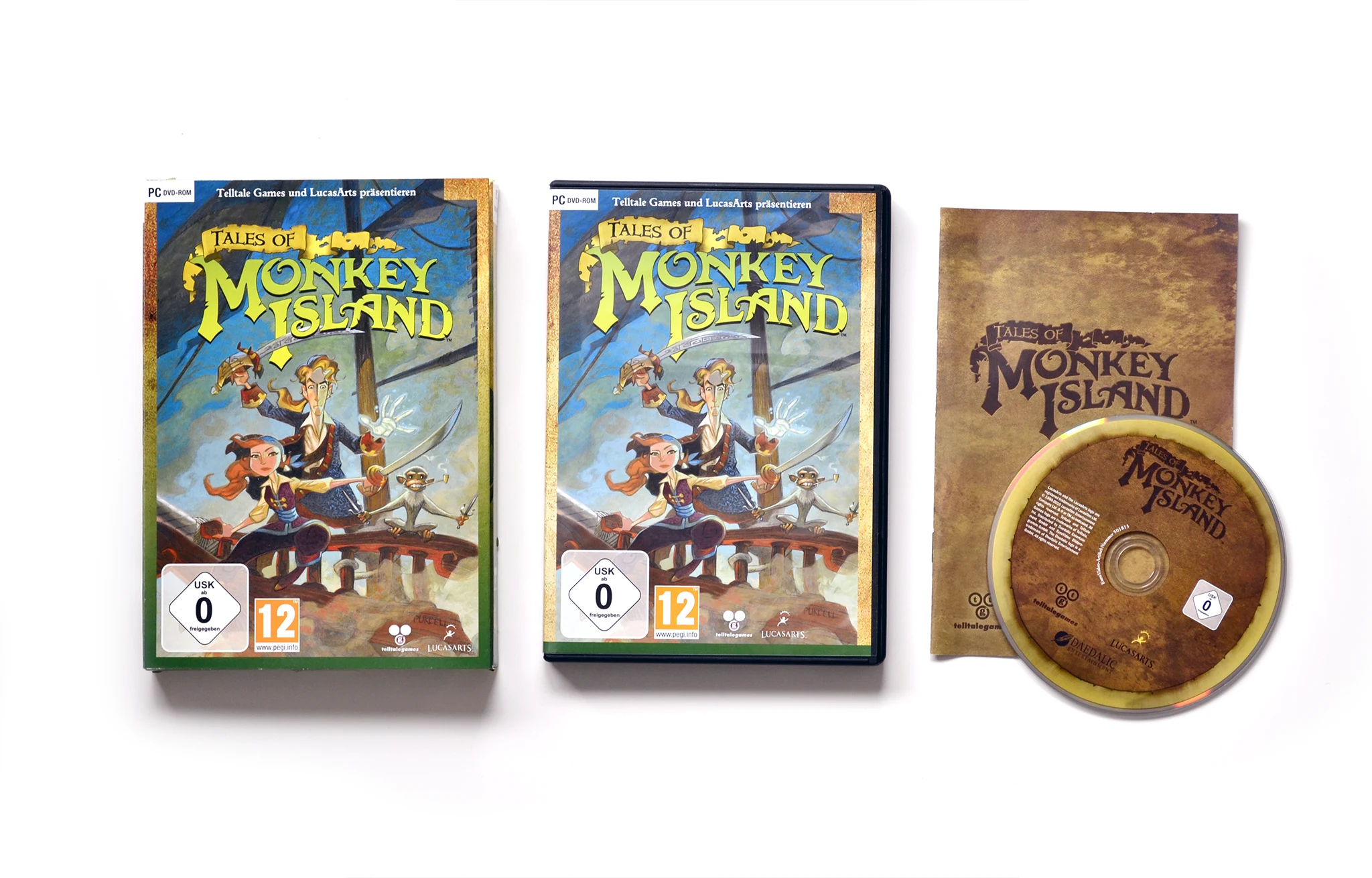 Photo of the content of Tales of Monkey Island (2010, PC, DE, Limited Eurobox); developed by Telltale, Inc., published by Daedalic Entertainment GmbH; Hi-res 3D box available at https://bigboxcollection.com