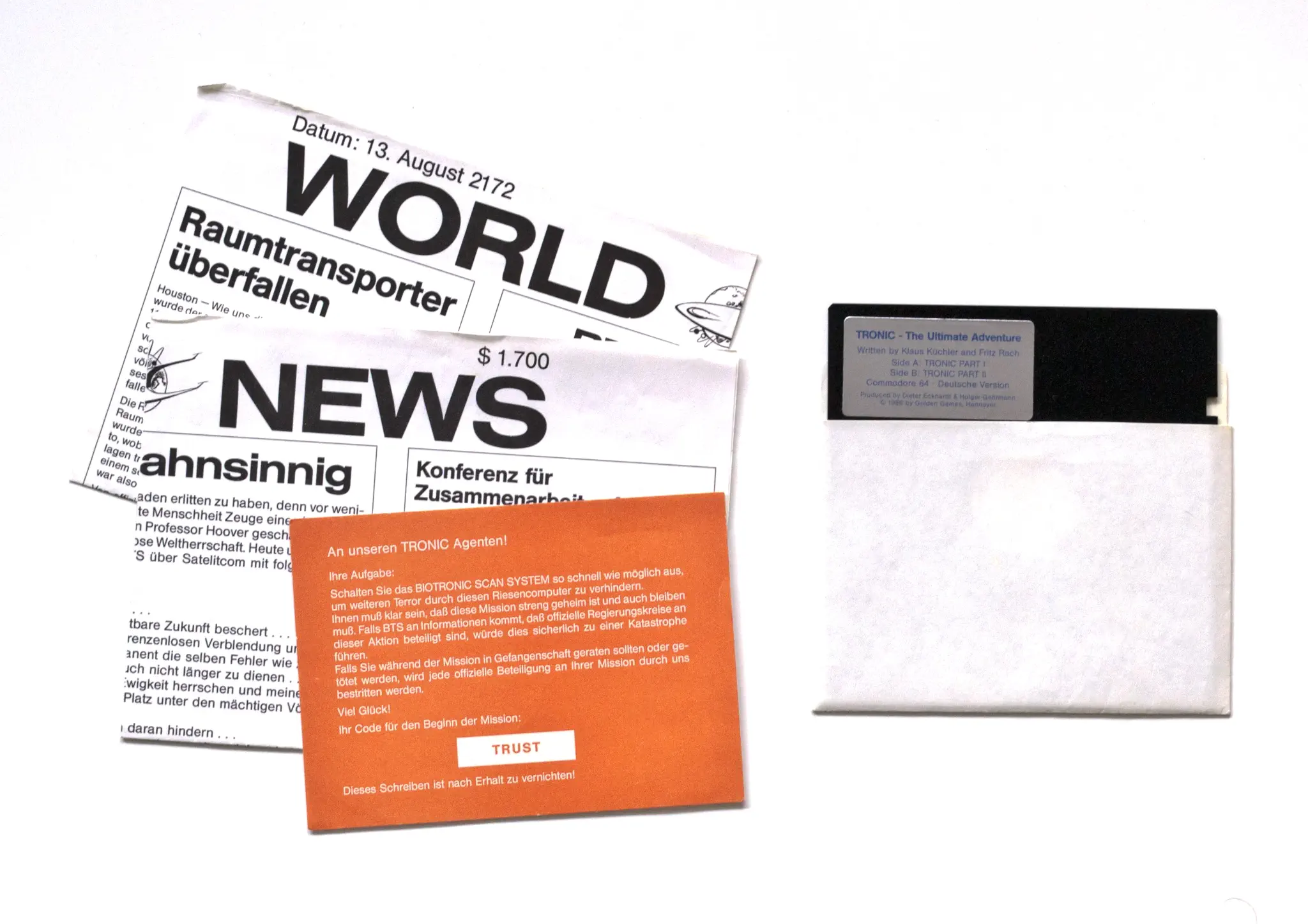 Photo of the content of Tronic (1986, C64, DE) Photo of the content of Tronic (1986, C64, DE); developed by Klaus Küchler | Fritz Rach | Oliver Kläwer, published by Golden Games; Hi-res 3D box available at https://bigboxcollection.com