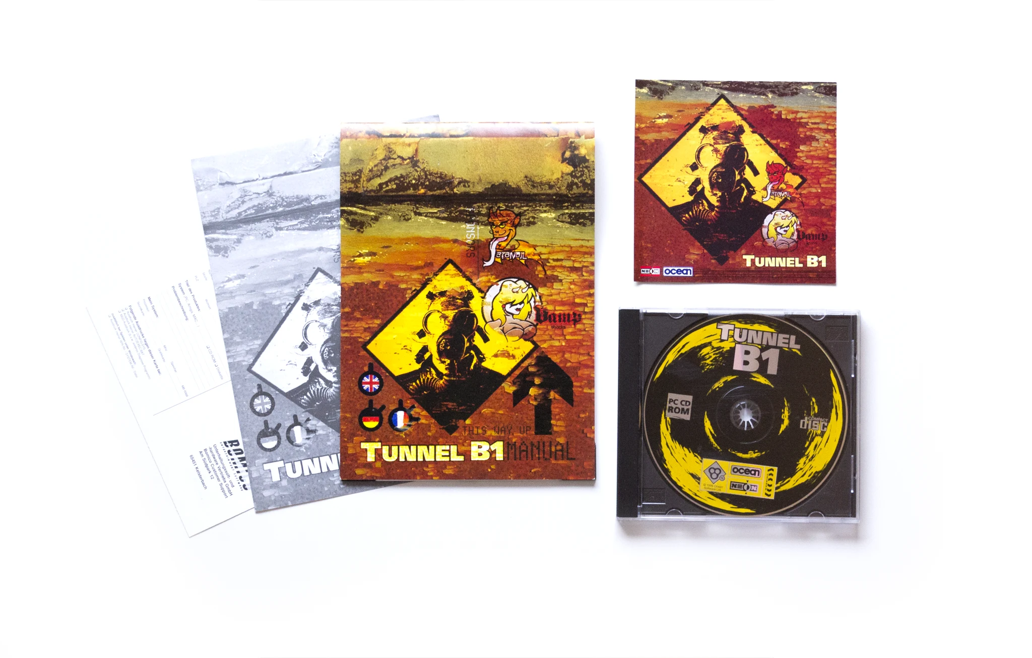 Photo of the content of Tunnel B1 (1996, PC, DE); developed by NEON Software GmbH, published by Ocean Software Ltd.; Hi-res 3D box available at https://bigboxcollection.com