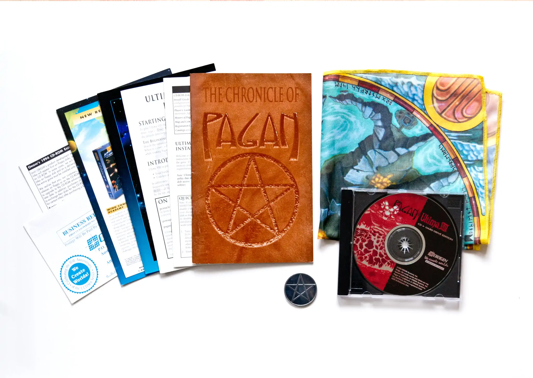 Photo of the content of Ultima VIII: Pagan (1994, PC, US, CD > Hard Drive Edition); developed by ORIGIN Systems, Inc., published by Electronic Arts, Inc.; Hi-res 3D box available at https://bigboxcollection.com