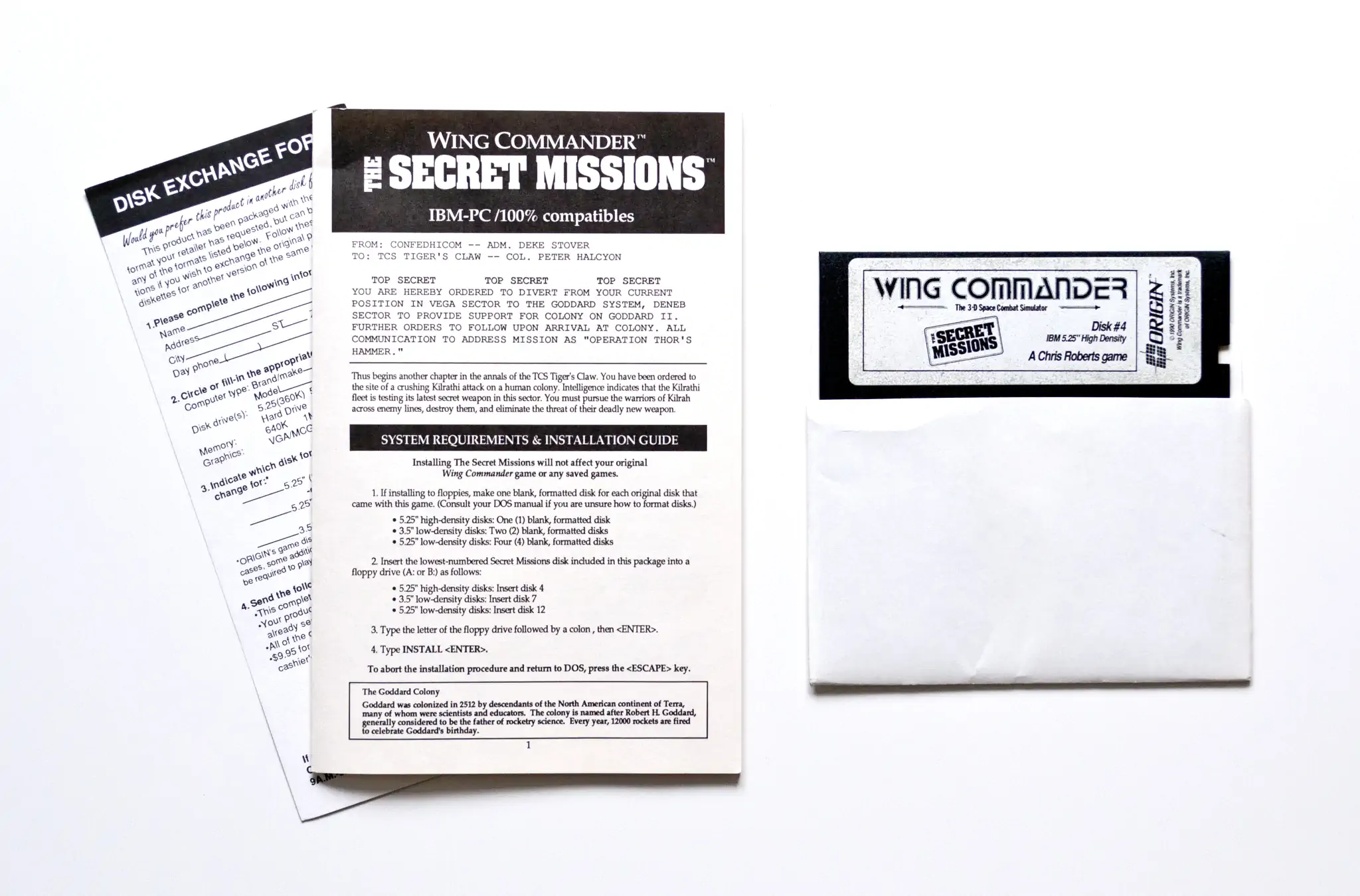 Photo of the content of Wing Commander: The Secret Missions (1990, PC, US) Photo of the content of Wing Commander: The Secret Missions (1990, PC, US); developed by ORIGIN Systems, Inc., published by ORIGIN Systems, Inc.; Hi-res 3D box available at https://bigboxcollection.com