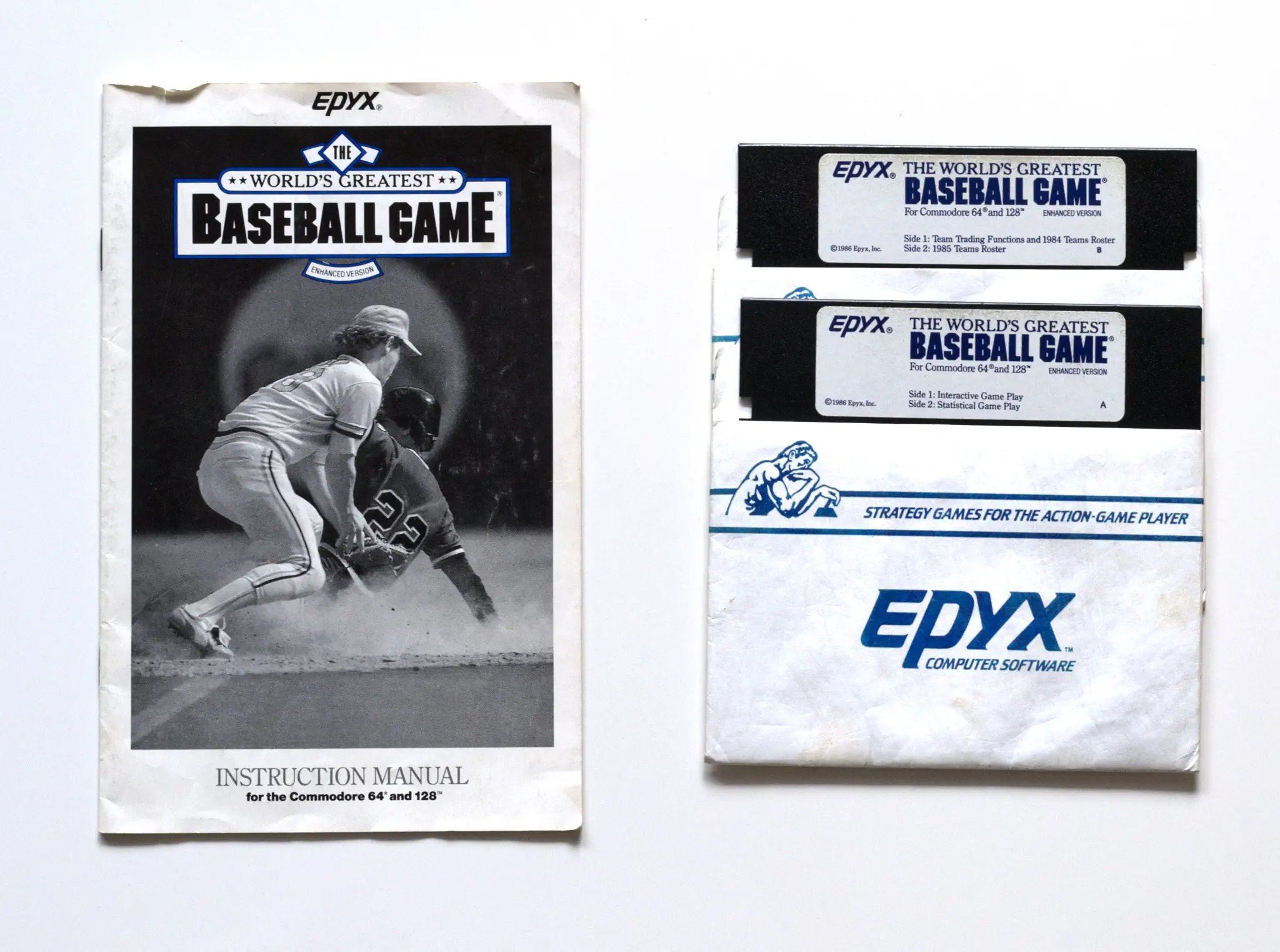 Photo of the content of The World's Greatest Baseball Game (1986, C64, US, Enhanced Edition) Photo of the content of The World's Greatest Baseball Game (1986, C64, US, Enhanced Edition); developed by Quest, Inc., published by Epyx, Inc.; Hi-res 3D box available at https://bigboxcollection.com