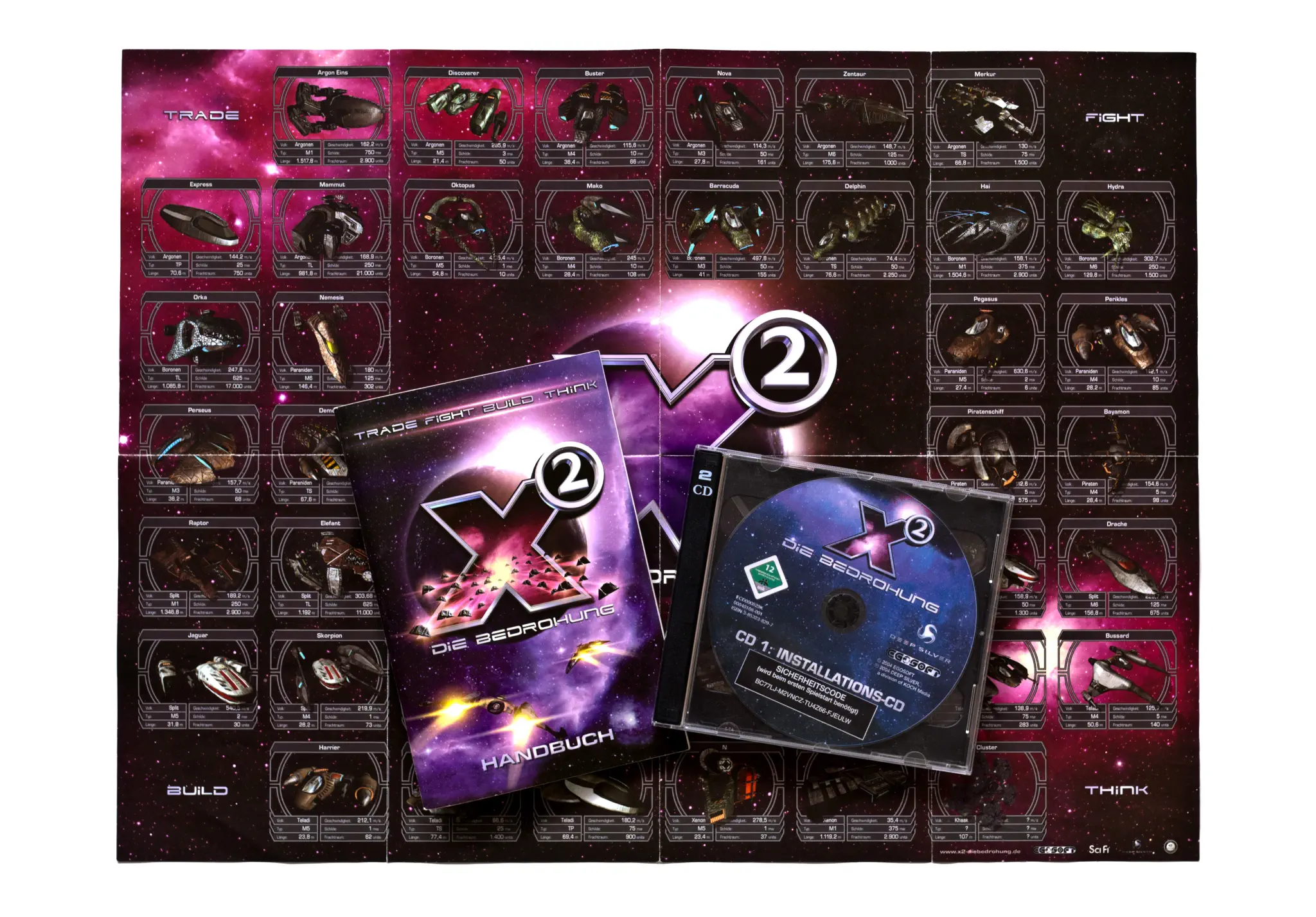 Photo of the content of X²: The Threat (2003, PC, DE) Photo of the content of X²: The Threat (2003, PC, DE); developed by EGOSOFT GmbH, published by Koch Media GmbH (Austria); Hi-res 3D box available at https://bigboxcollection.com