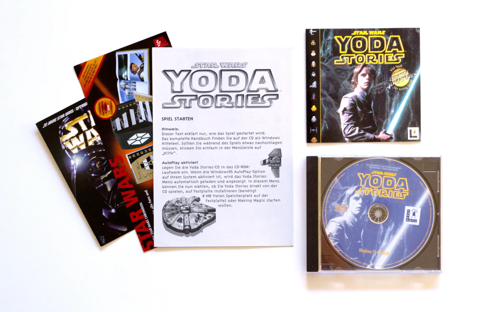 Photo of the content of Star Wars: Yoda Stories (1997, PC, DE); developed by LucasArts Entertainment Company LLC, published by LucasArts Entertainment Company LLC; Hi-res 3D box available at https://bigboxcollection.com