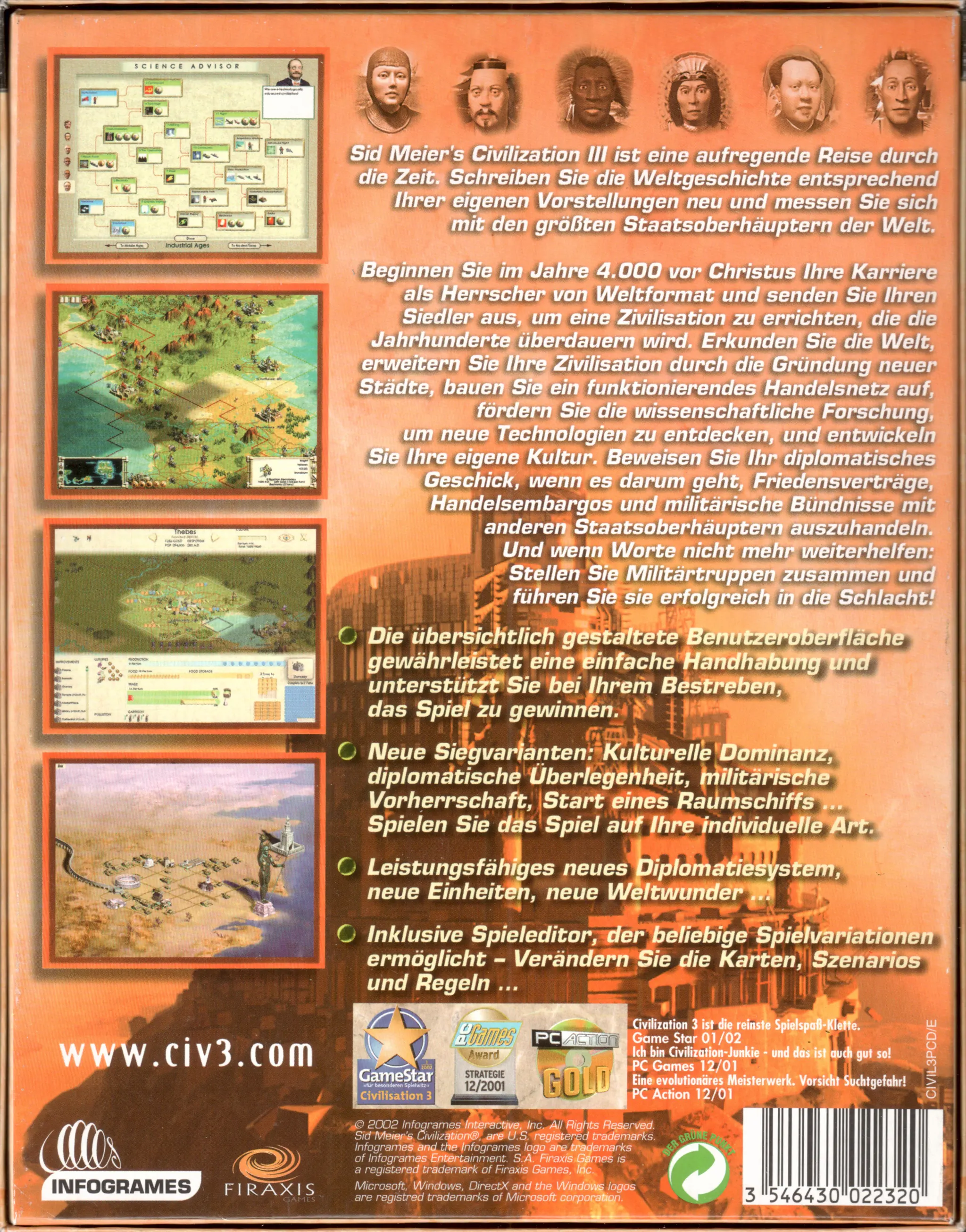 Hi-res scan of the back cover artwork of Sid Meier's Civilization III (2002, PC, DE); developed by , published by ; Hi-res 3D box available at https://bigboxcollection.com