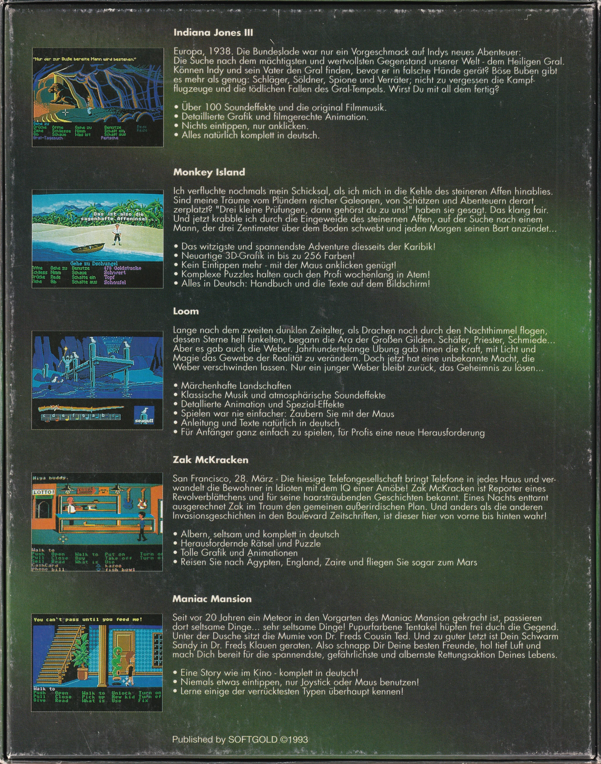 Hi-res scan of the back cover artwork of LucsArts Classic Adventures (1993, PC, DE); developed by , published by ; Hi-res 3D box available at https://bigboxcollection.com