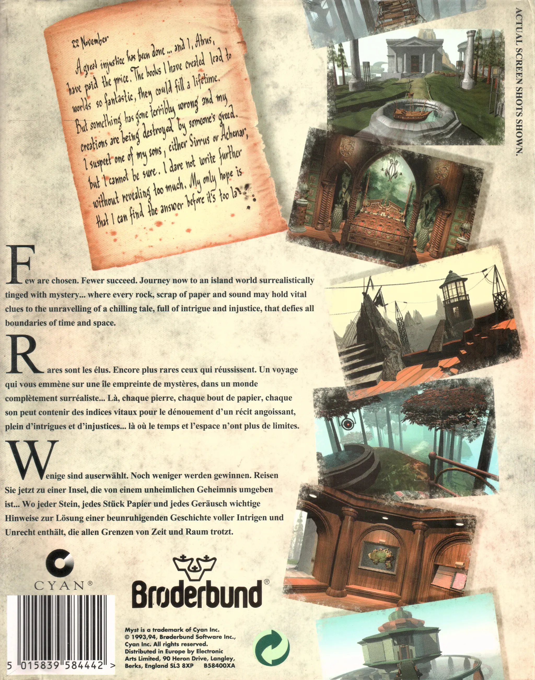 Hi-res scan of the back cover artwork of Myst (1994, PC, EU, First Release); developed by , published by ; Hi-res 3D box available at https://bigboxcollection.com
