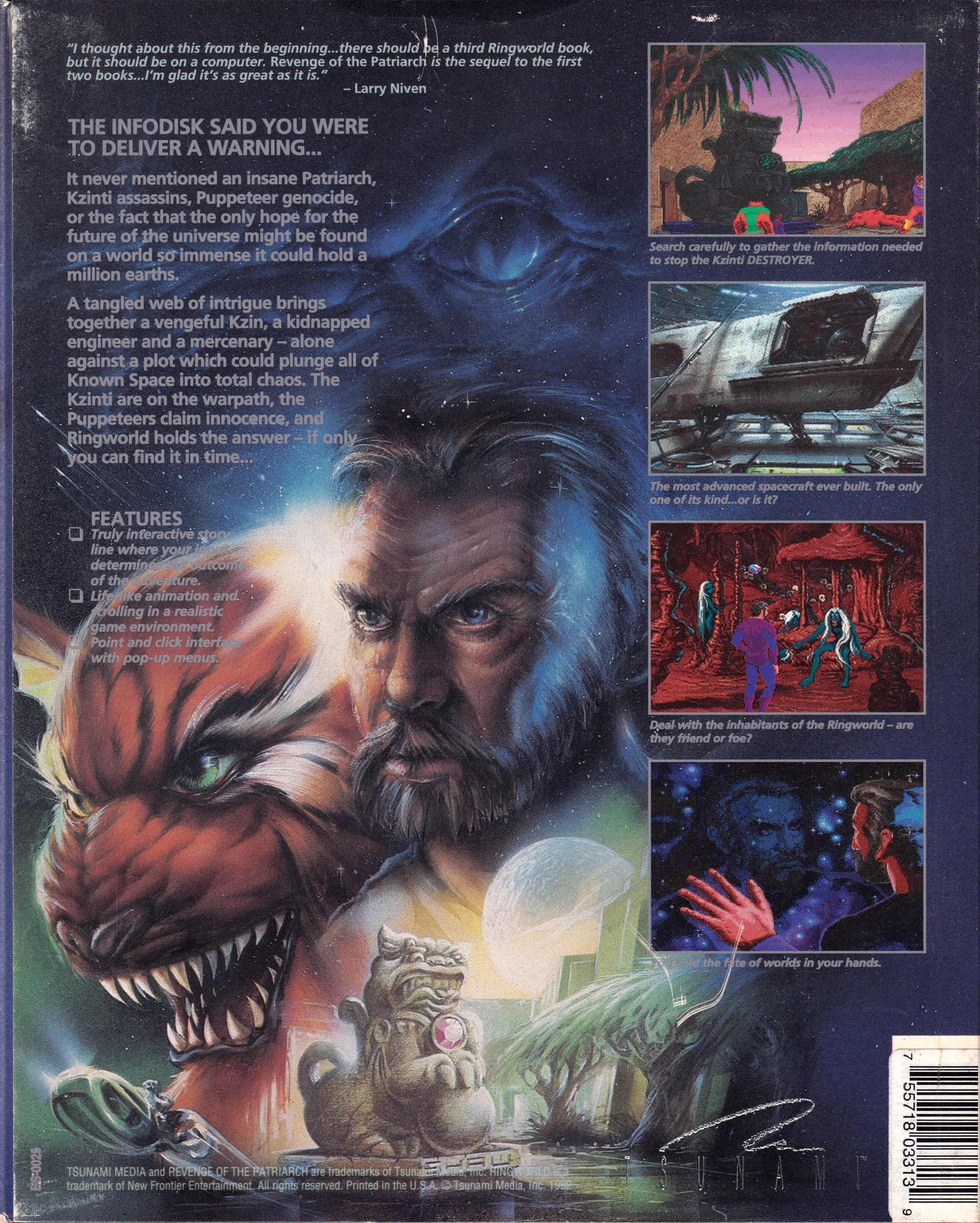 Hi-res scan of the back cover artwork of Ringworld: Revenge of the Patriarch (1992, PC, US); developed by , published by ; Hi-res 3D box available at https://bigboxcollection.com