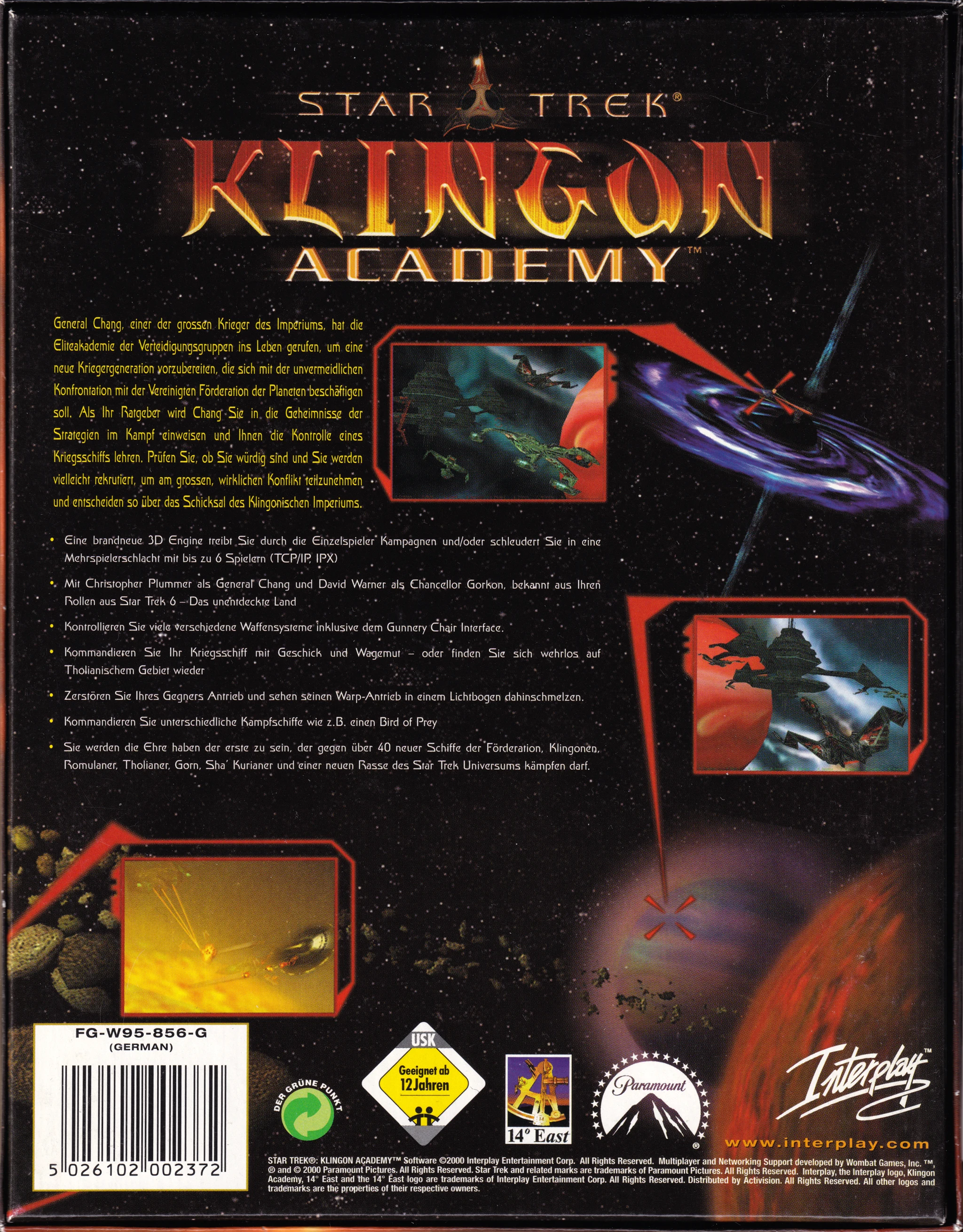 Hi-res scan of the back cover artwork of Star Trek: Klingon Academy (2000, PC, DE); developed by , published by ; Hi-res 3D box available at https://bigboxcollection.com