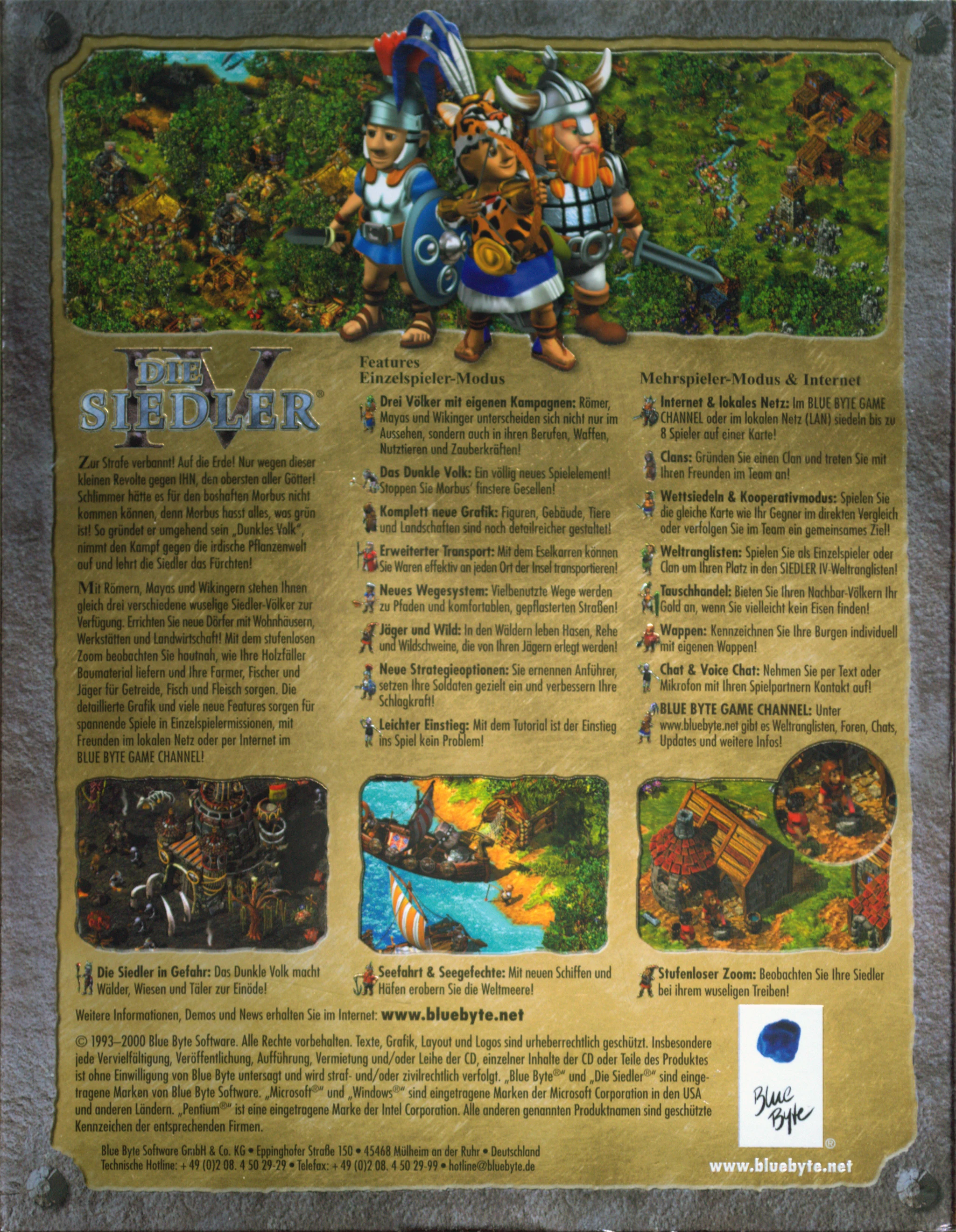 Hi-res scan of the back cover artwork of The Settlers IV (2001, PC, DE); developed by , published by ; Hi-res 3D box available at https://bigboxcollection.com