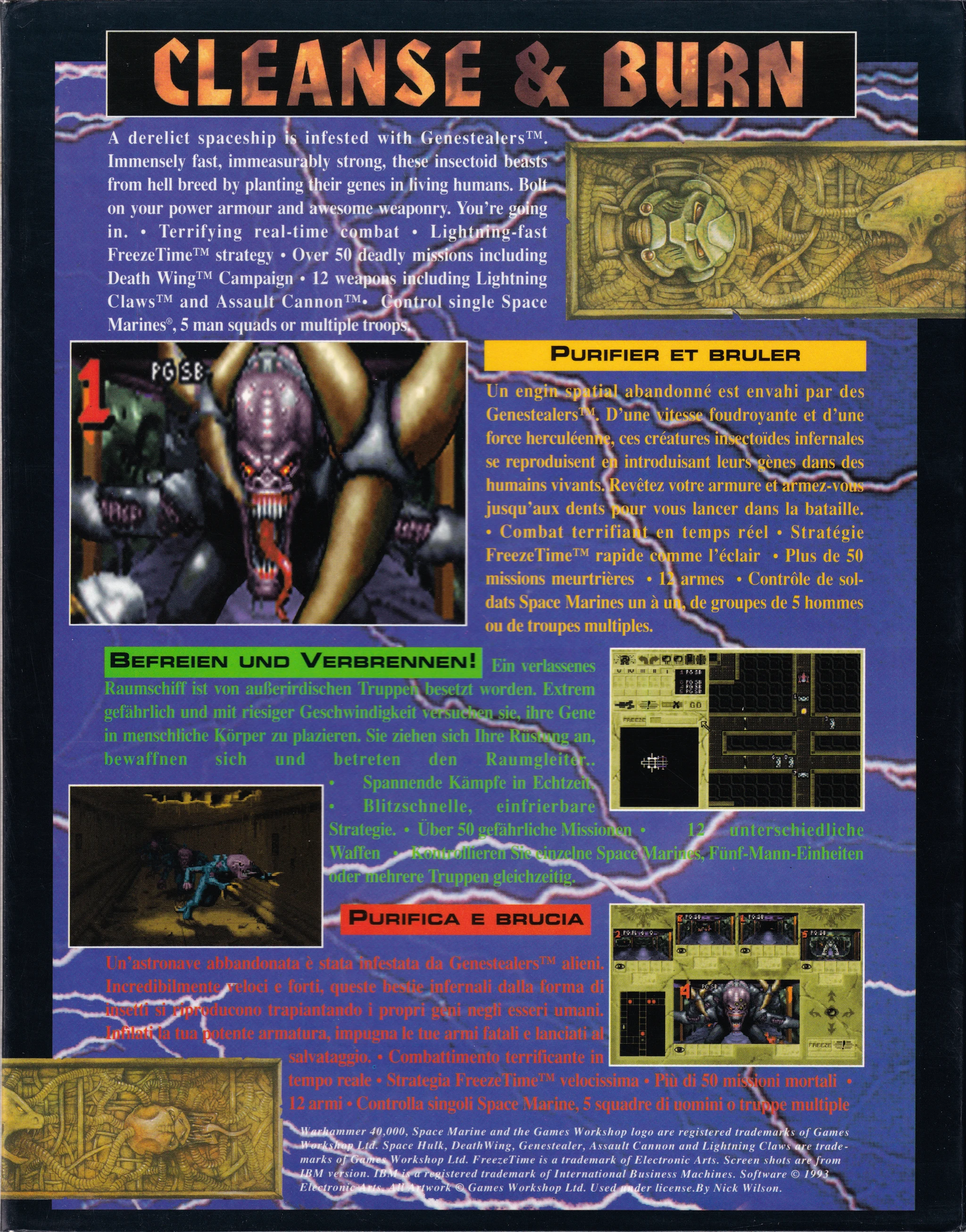 Hi-res scan of the back cover artwork of Space Hulk (1993, PC, EU); developed by , published by ; Hi-res 3D box available at https://bigboxcollection.com