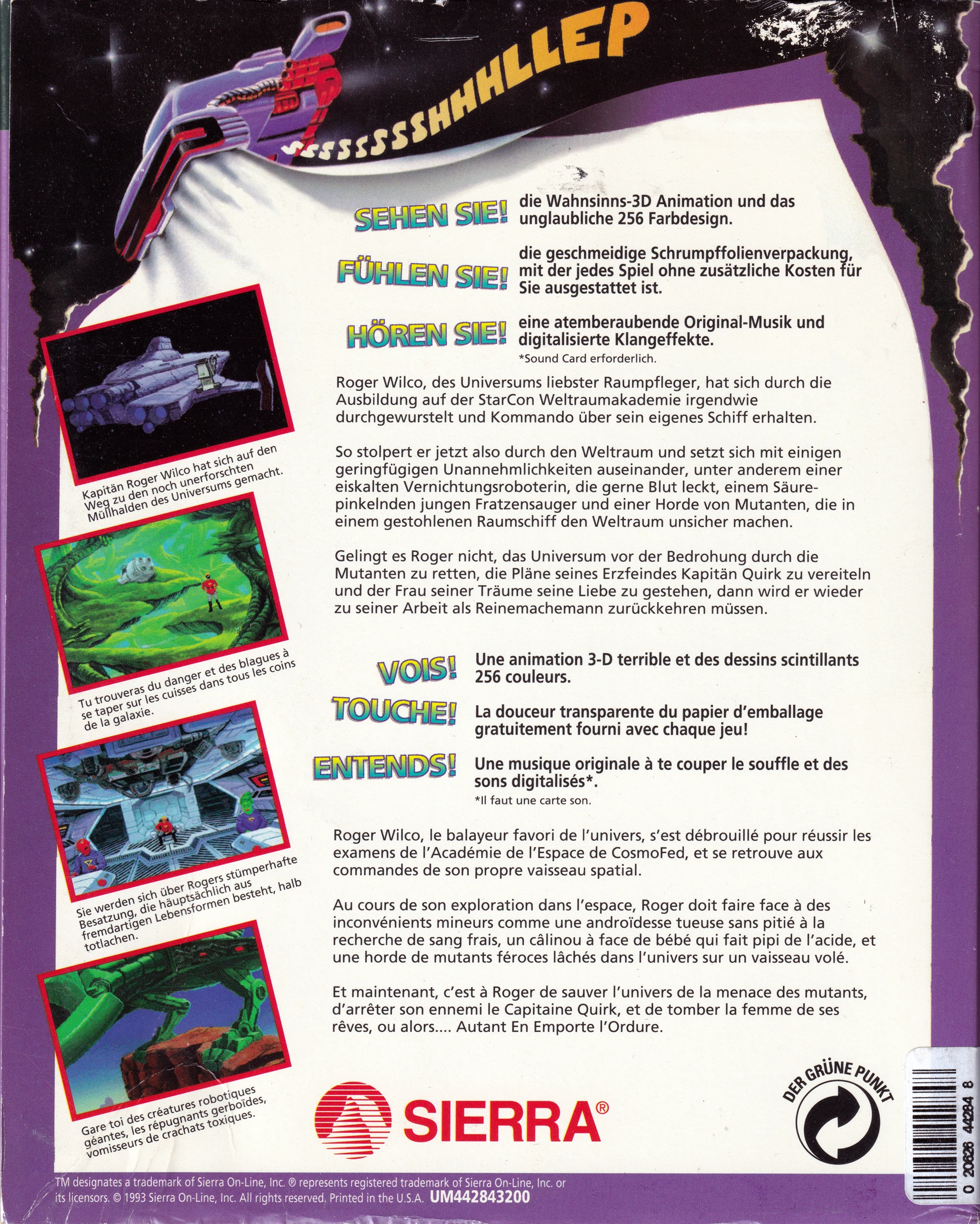 Hi-res scan of the back cover artwork of Space Quest V: The Next Mutation (1993, PC, DE/FR); developed by , published by ; Hi-res 3D box available at https://bigboxcollection.com