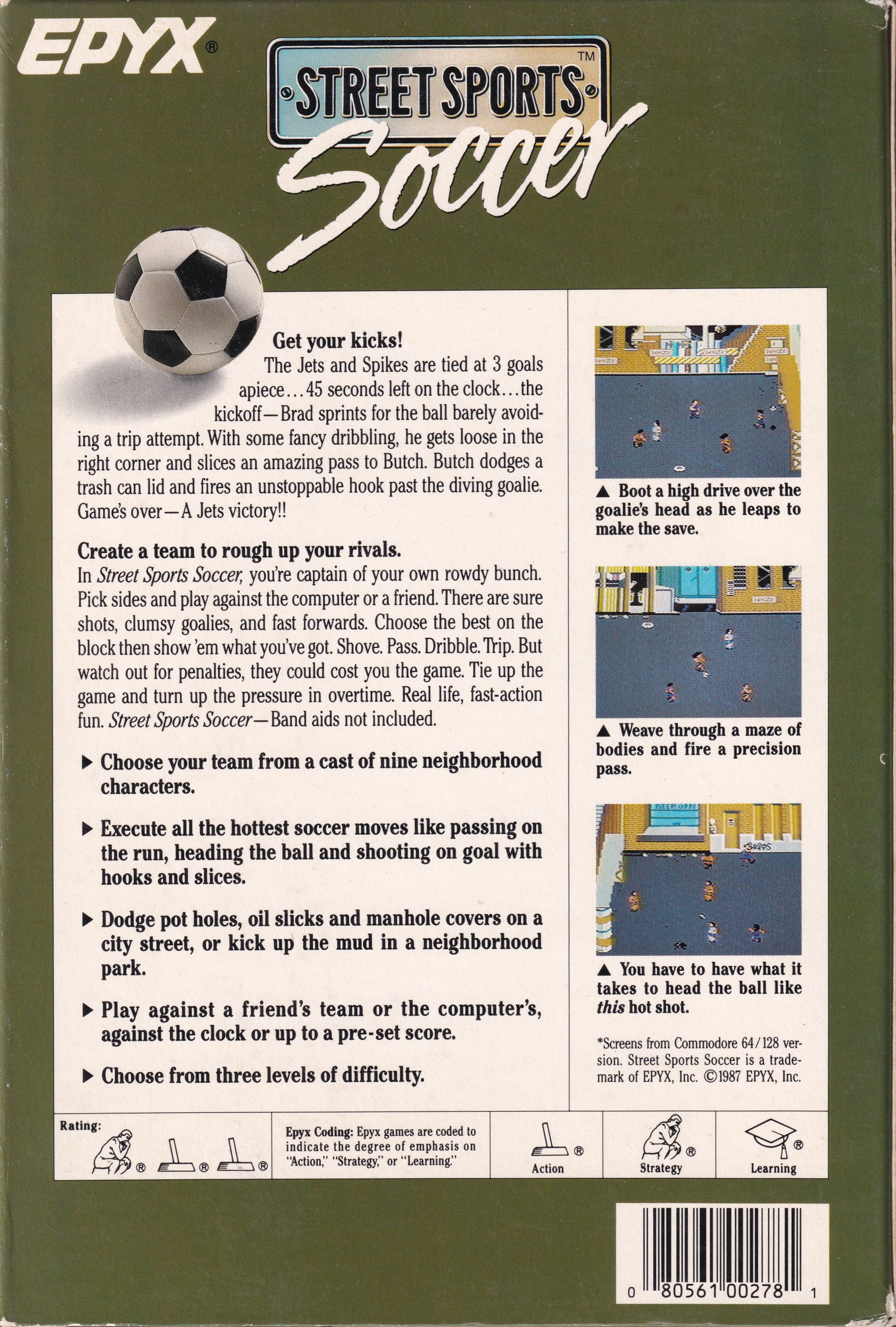 Hi-res scan of the back cover artwork of Street Sports Soccer (1988, C64, US); developed by , published by ; Hi-res 3D box available at https://bigboxcollection.com