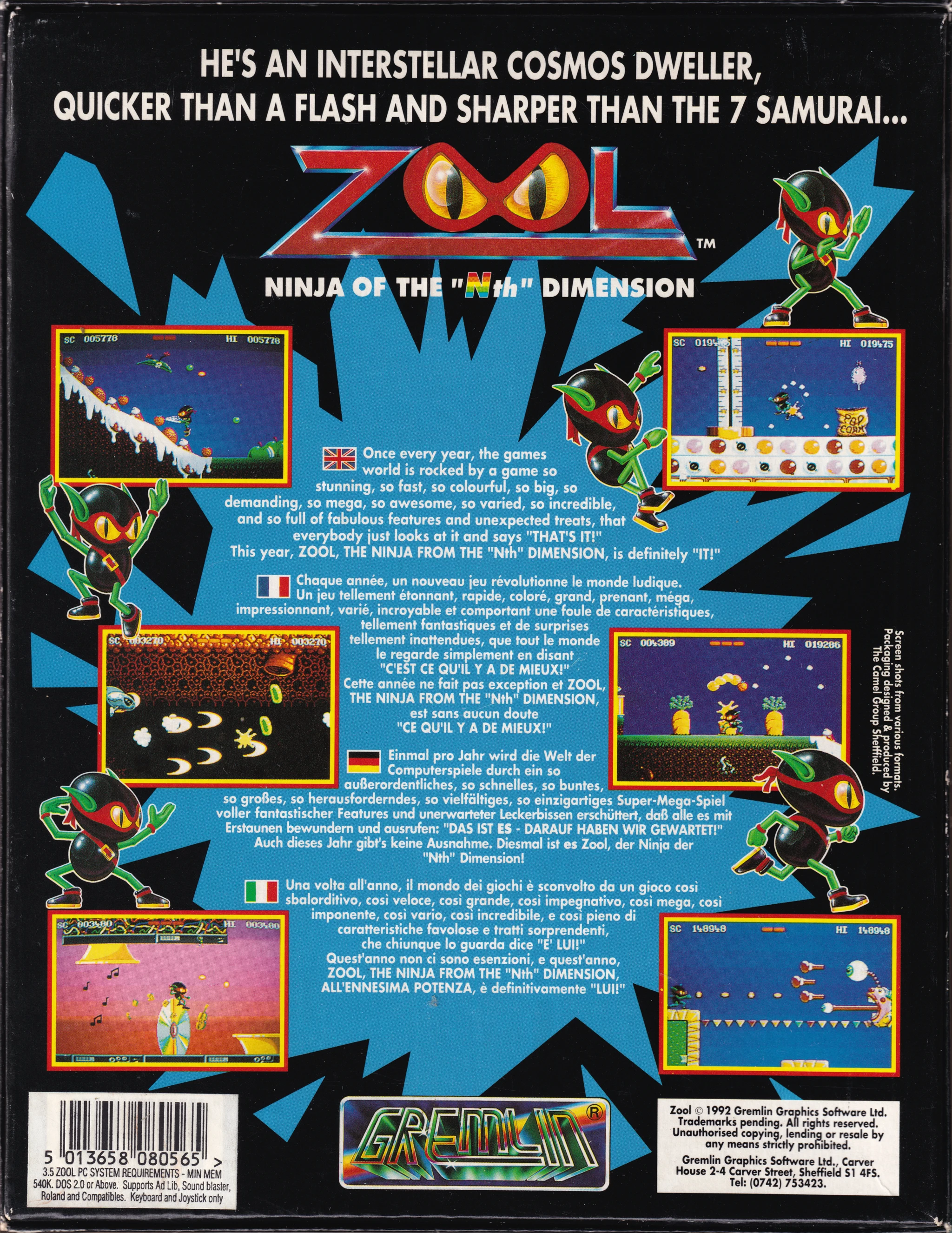 Hi-res scan of the back cover artwork of Zool (1993, PC, EU); developed by , published by ; Hi-res 3D box available at https://bigboxcollection.com